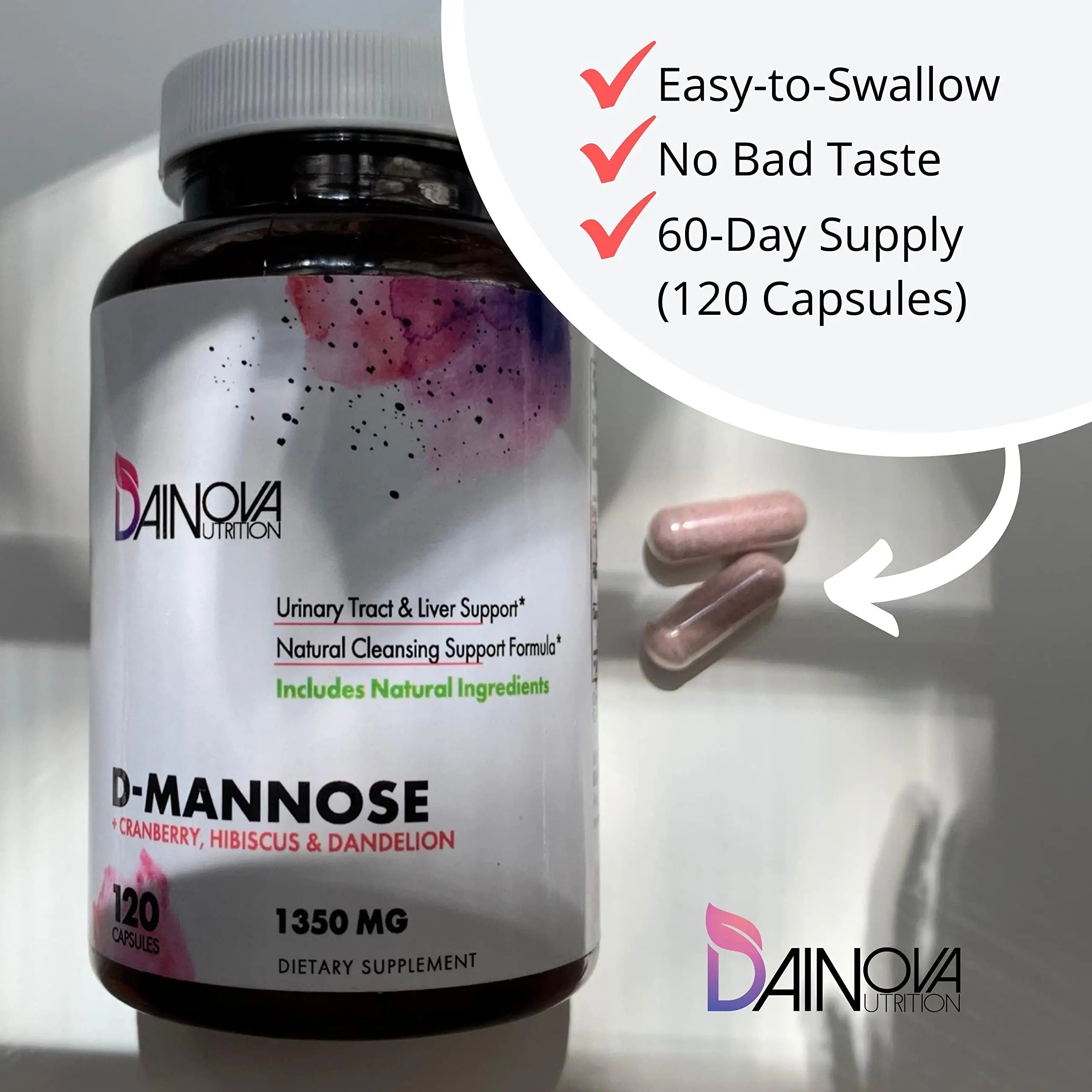 Dainova D Mannose 1350mg with Cranberry I D-Mannose Capsules for UTI Prevention, Urinary Tract Support, Urinary Tract Health for Women, & Cleanse. W/Hibiscus & Dandelion, 120 Veggie Capsules Dainova Nutrition Au supplements