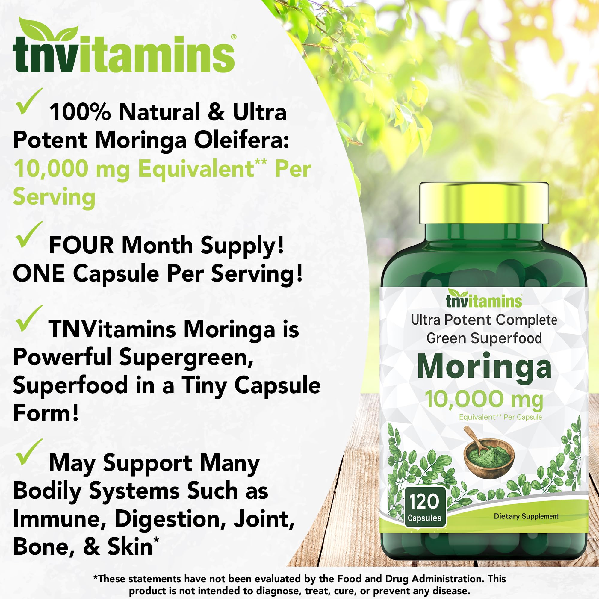 tnvitamins Moringa Capsules 10,000 mg - 120 Capsules | High Potency Moringa Leaf Extract Superfood Supplement for Energy