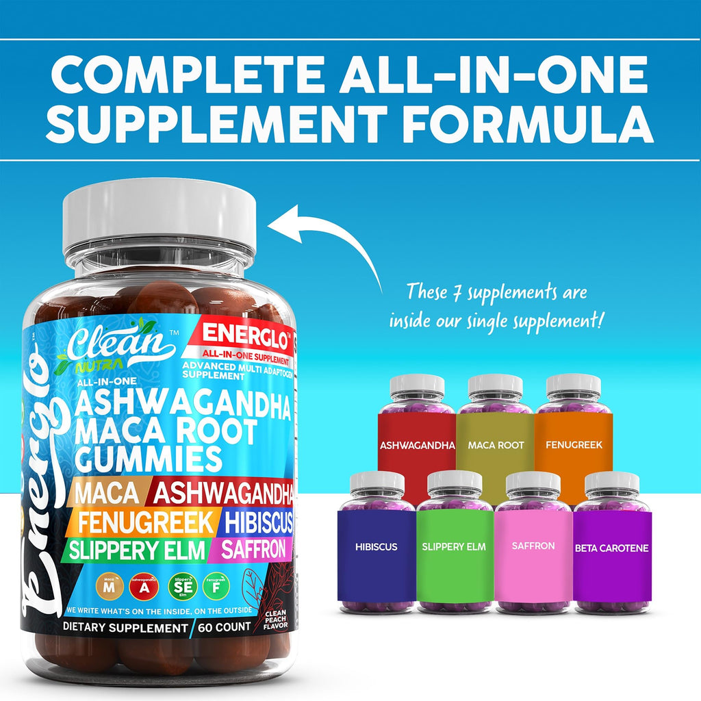 Ashwagandha Maca Root Gummies with Fenugreek Hibiscus Slippery Elm Saffron Extract & Beta Carotene | Peach Flavor Vegan Gummy Vitamins Adaptogen Cortisol Supplement Energlo by Clean Nutra Clean Nutraceuticals Au supplements