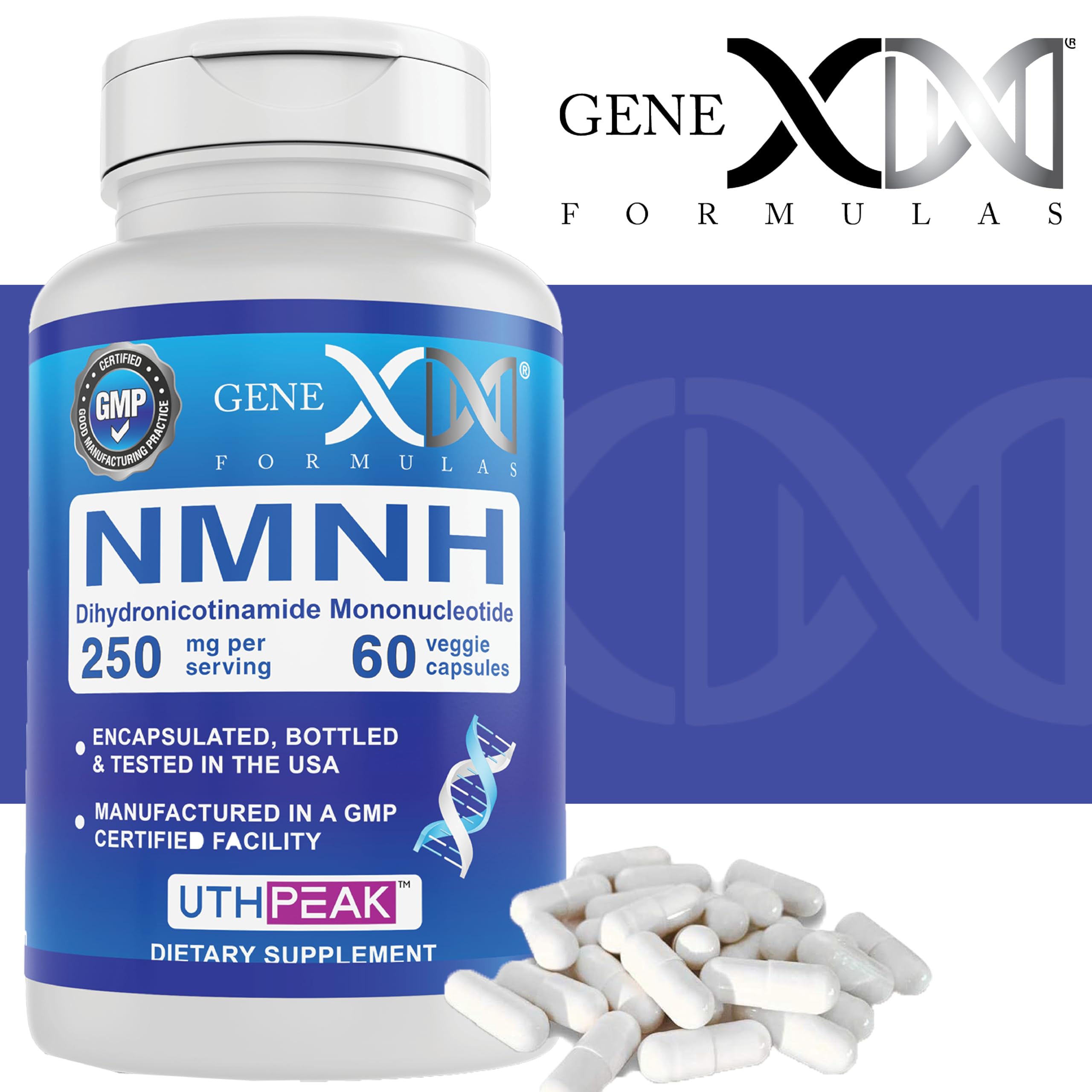 Genex Formulas 250mg NMNH (60 Capsules - 30 Servings) | Uthpeak™ NMNH (Dihydronicotinamide Mononucleotide) NAD+ Precursor for Healthy Aging - Non-GMO, Gluten-Free, Vegetarian Genex Formulas Au supplements