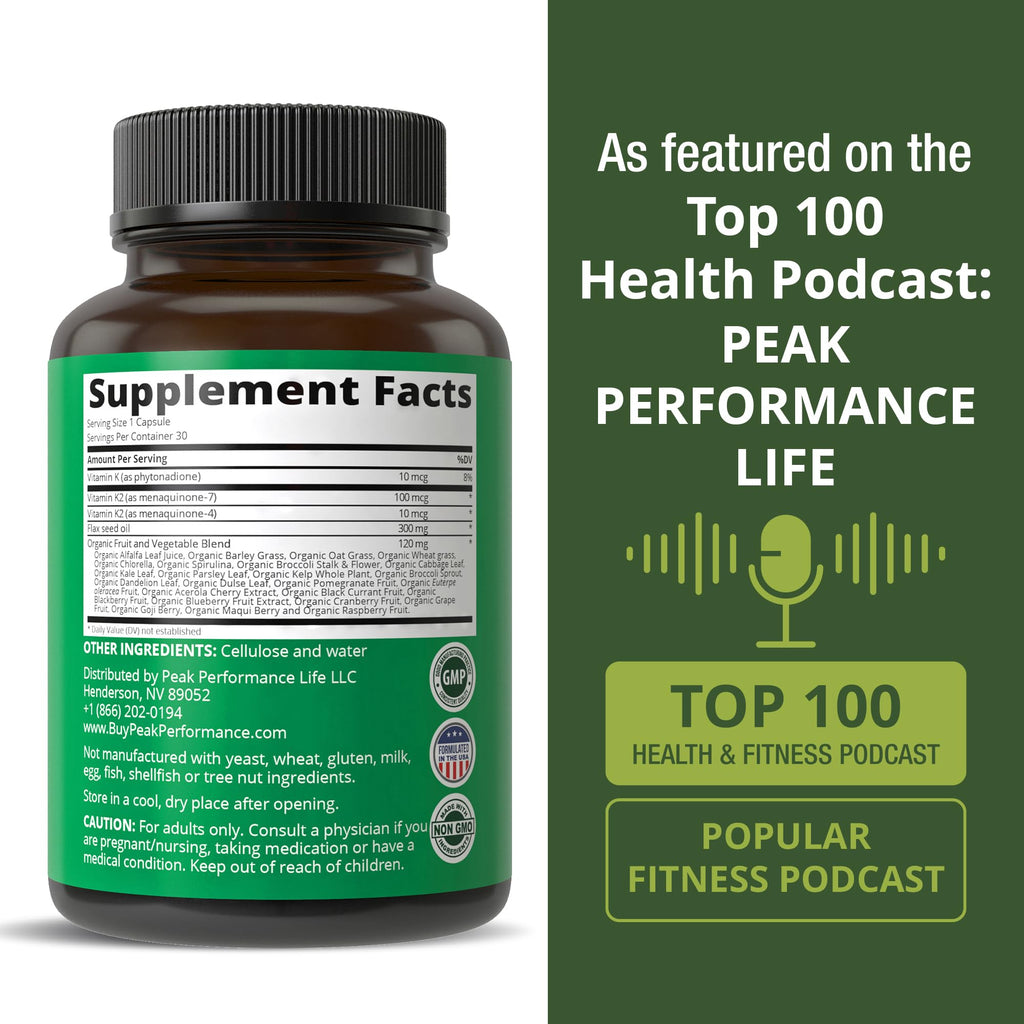 Vitamin K with Whole Food Blend of 25+ Vegetables and Fruits for Max Absorption. Vegan Capsules Supplement. Vitamins K1, K-2 MK4 + K2 Natto MK7. Alternative to Drops, Gummies. VIT K with K 2 and MK-7 Peak Performance Au supplements