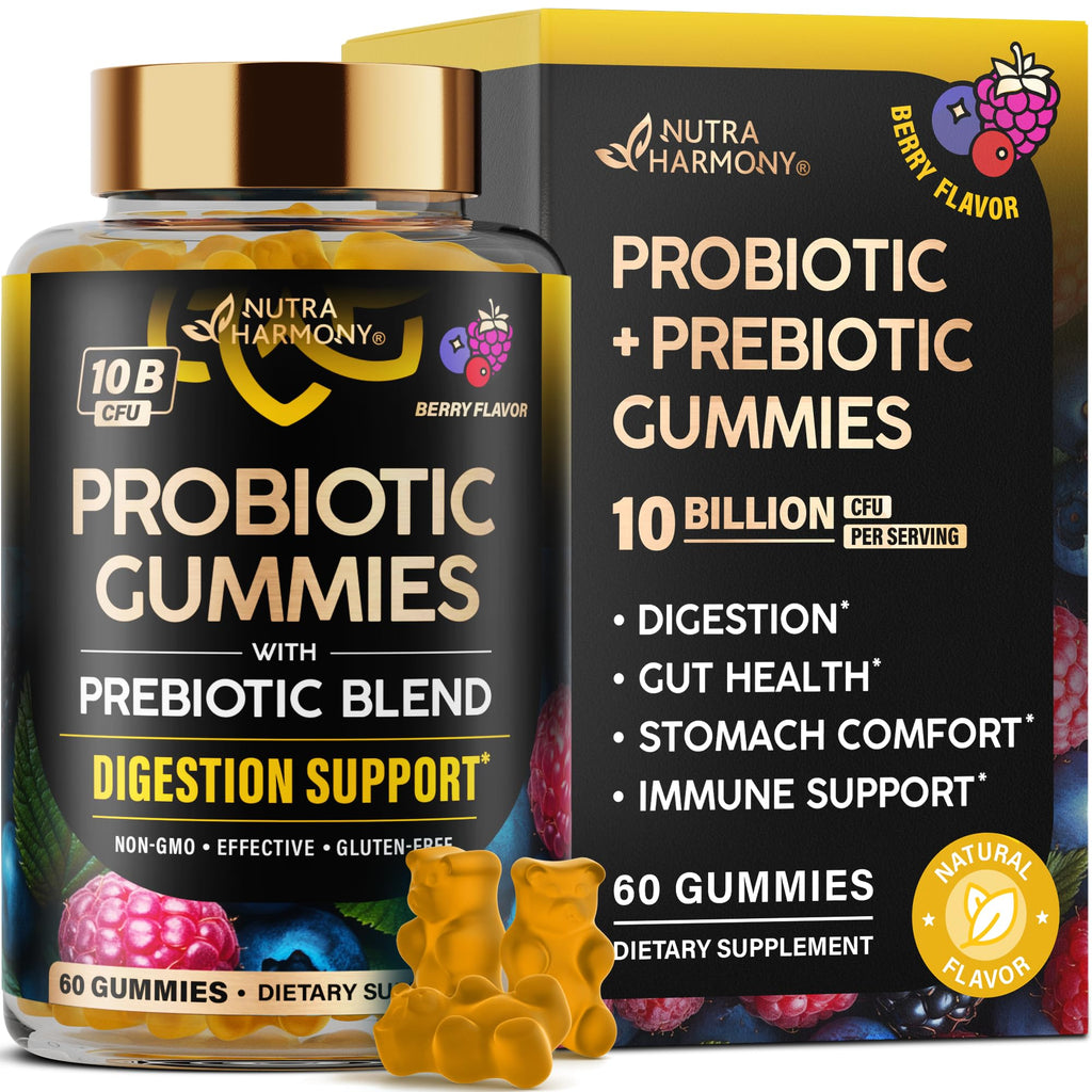 Probiotic Gummies 10B CFU with Prebiotic Fiber - Digestion & Immune Support - Debloat, Stomach & Gut Comfort - Probiotics for Women & Men - Natural Berry Flavor - Vegan & Sugar-free - 60 Gummies NUTRAHARMONY Au supplements