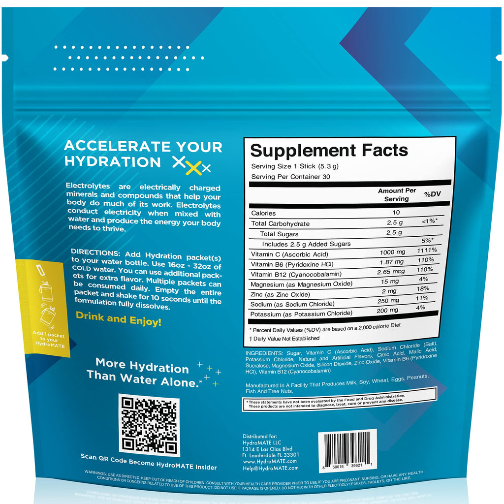 HydroMATE Electrolyte Powder Lemon Lime Hydration Packets Low Sugar 30 Count