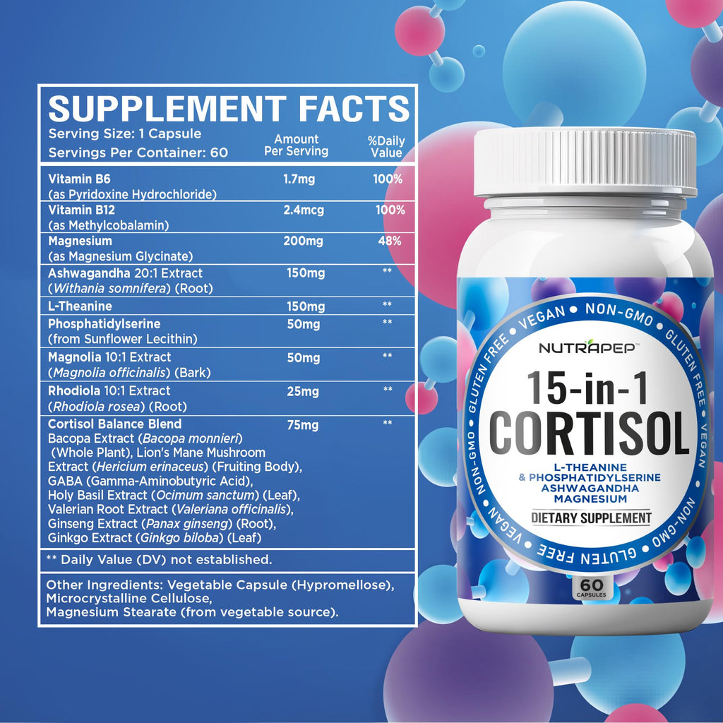 NutraPep Cortisol Detox Supplement Men Women - Reduce Lower Cortisol High Cortisol Reducer Blocker Control - Supports Stress Mood Rest Adrenal Calm Relax with Ashwagandha L-Theanine Magnesium NutraPep Au supplements