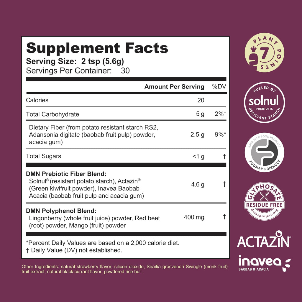 38TERA DMN (Daily Microbiome Nutrition), 6 Oz, Plant-Based Fiber Powder with 3 Different Prebiotics, Helps Digestive & Gut Health, Low FODMAP Supplement, Vegan, Wild Berry Flavor, 30 Servings