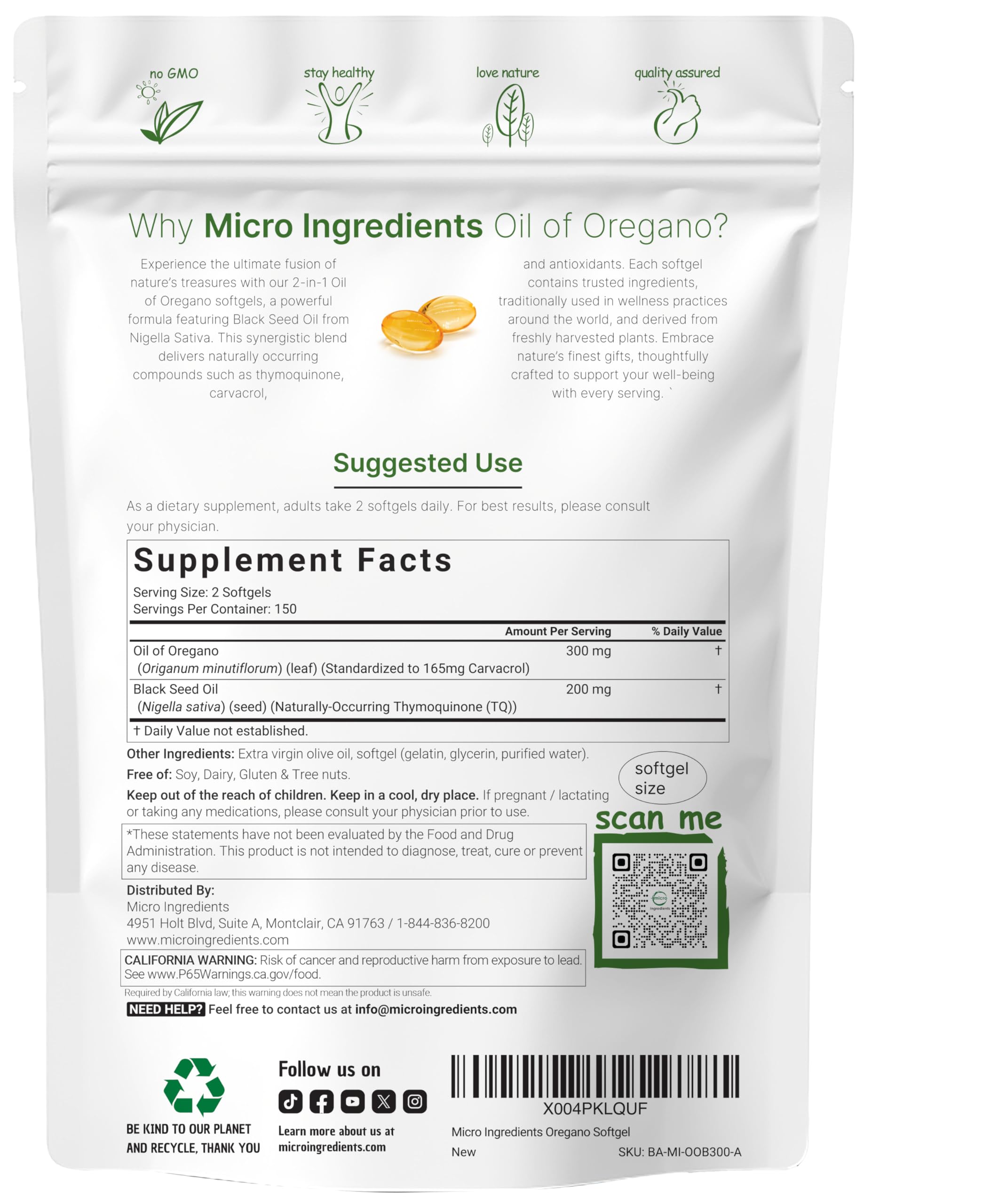Micro Ingredients Oil of Oregano Softgels, 300 Count | 2 in 1 Formulated | 4X Strength Carvacrol & Thymoquinone | Plant Based, Non-GMO