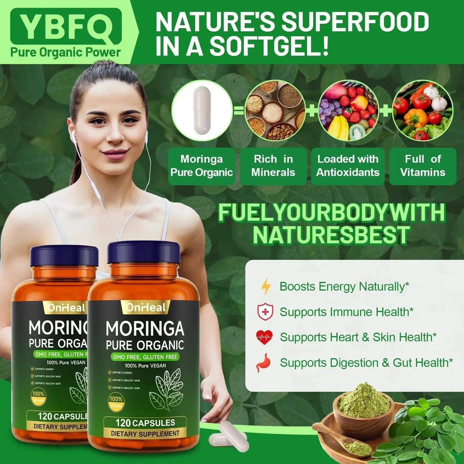 YBFQ Organic Moringa Capsules 1000 mg, 120 Count - Moringa Capsules with Organic Olefeira Powder, Supports Healthy Hair and Skin, Energy and Balance YBFQ Au supplements
