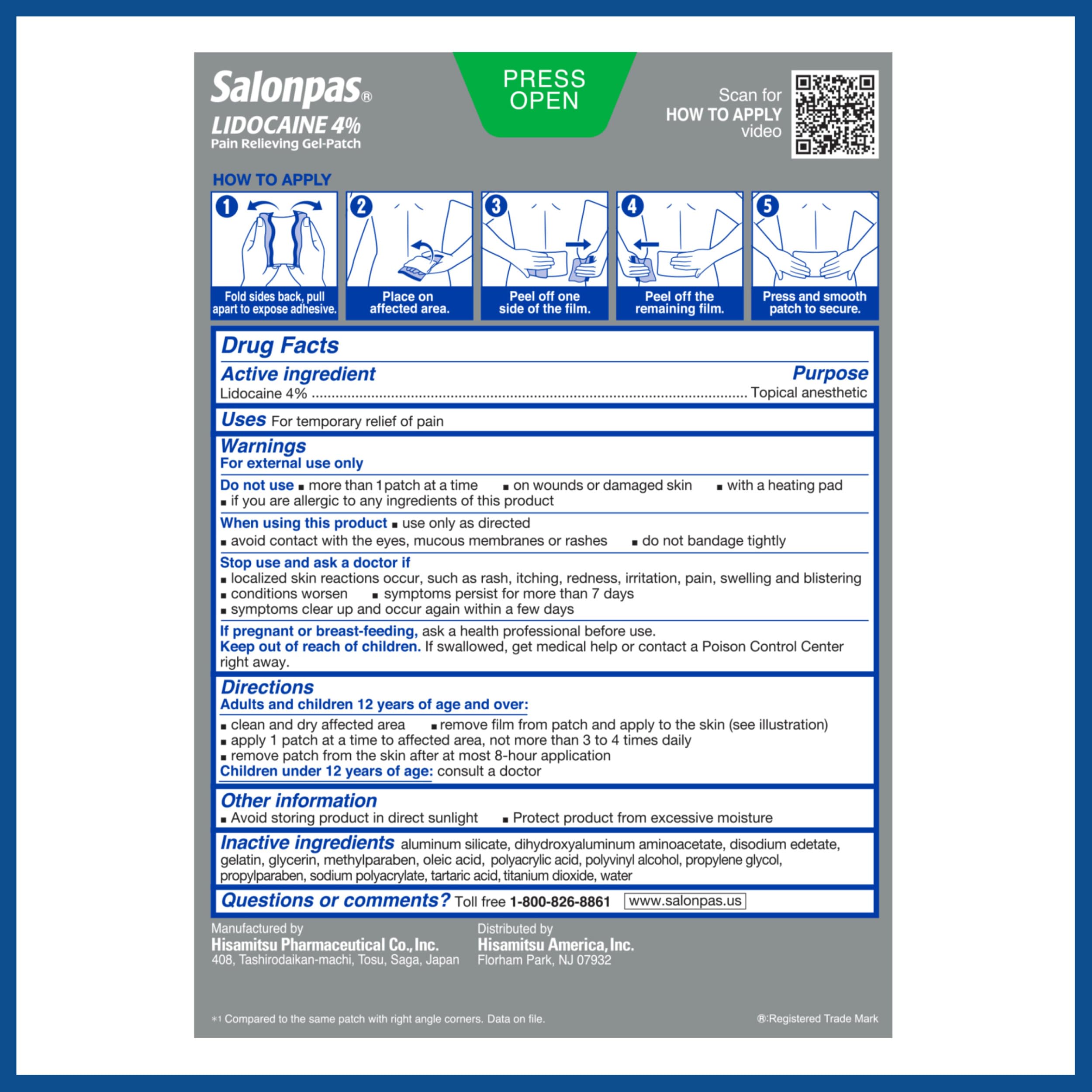 Salonpas Lidocaine 4% Pain Relieving Gel-Patch, 6 Count, for Back, Neck, Shoulder, Knee & Elbow Pain Salonpas Au supplements