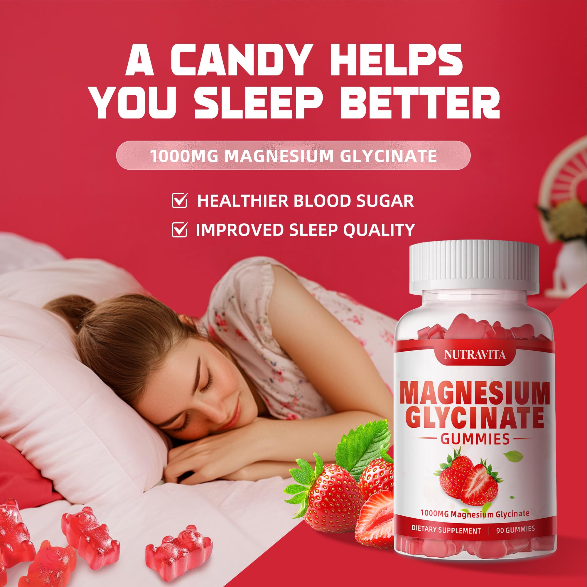 Magnesium Glycinate Gummies 1000mg with Magnesium L-Threonate,Chelated Magnesium Potassium Complex Supplement with VitD, B6, CoQ10, Calcium,Supports for Memory