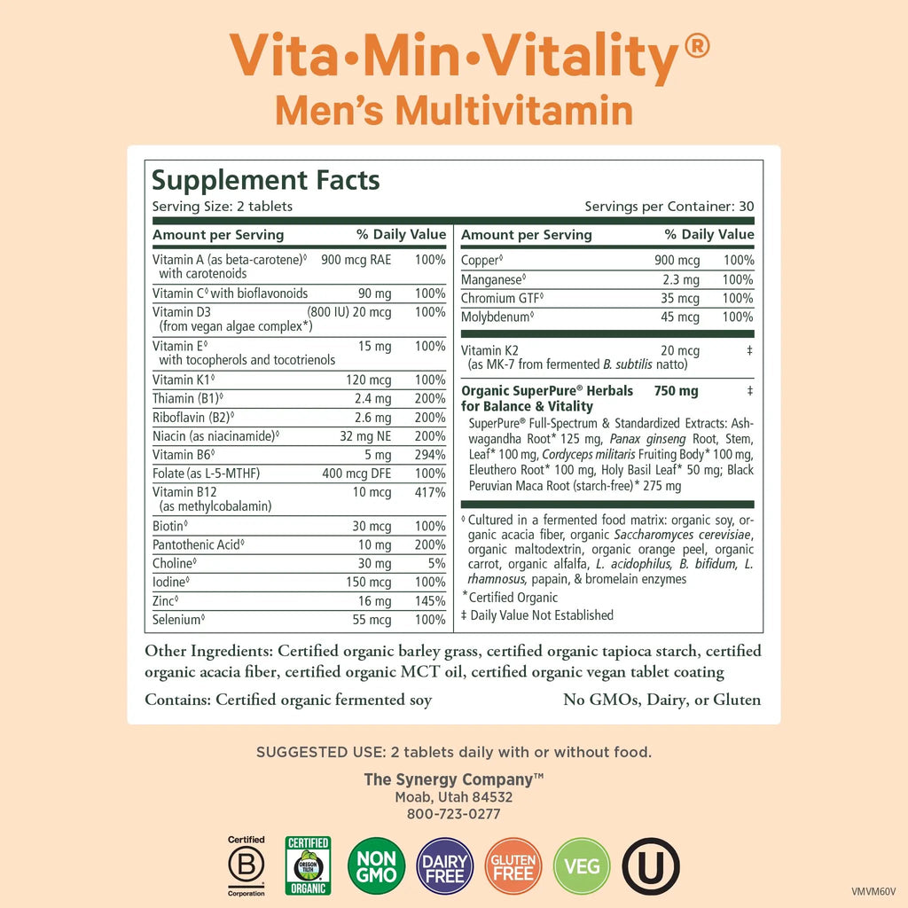 PURE SYNERGY Vita·Min·Vitality | Natural Multivitamin for Men | Men’s Daily Multivitamin Made with Organic Whole Foods | PURE SYNERGY Au supplements