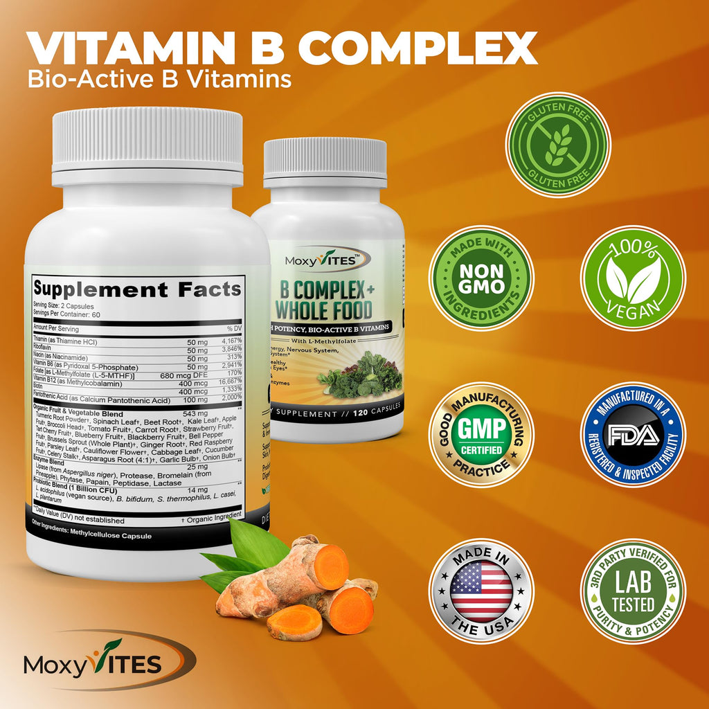 MoxyVites Vitamin B Complex - B Vitamins Whole Food Supplement, B12 Methylcobalamin, B1, B2, B3, B5, B6, B7, B9 - for Stress