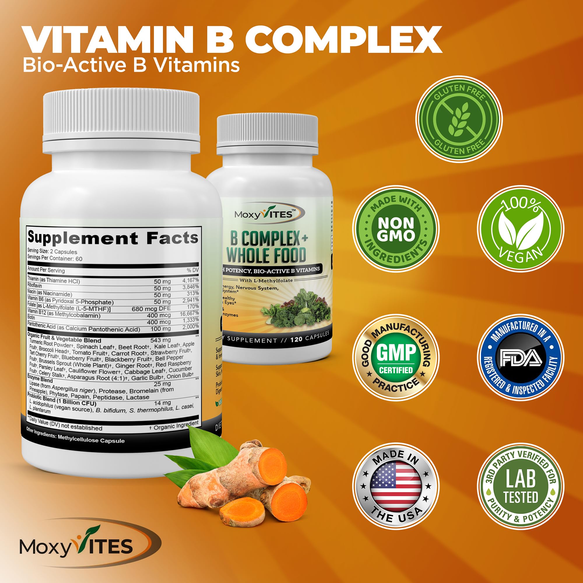 MoxyVites Vitamin B Complex - B Vitamins Whole Food Supplement, B12 Methylcobalamin, B1, B2, B3, B5, B6, B7, B9 - for Stress