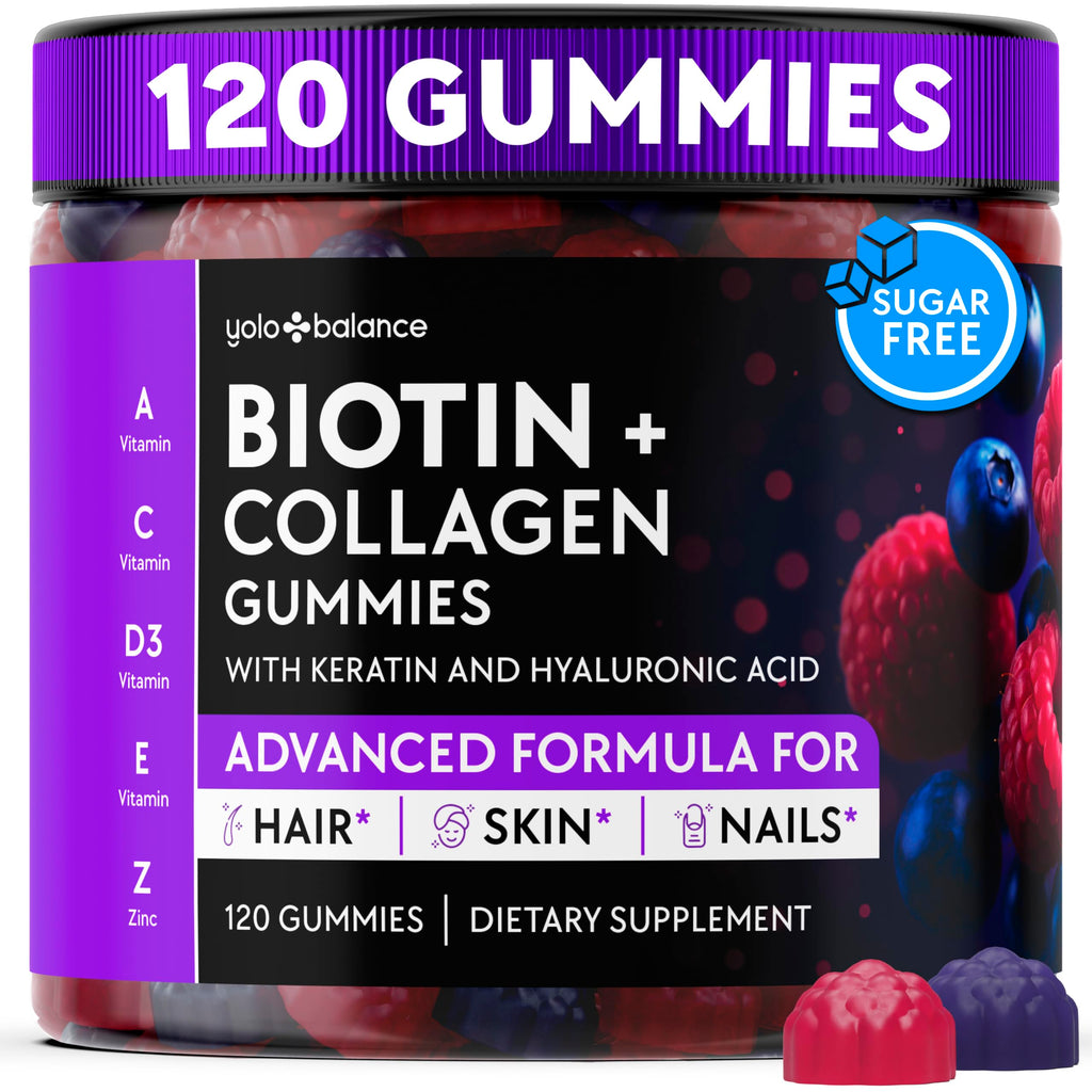 YOLOBALANCE Biotin Gummies 10000mcg for Hair Growth Support - Sugar Free Multi Collagen with Keratin, Silica & Hyaluronic Acid - Pectin Based,