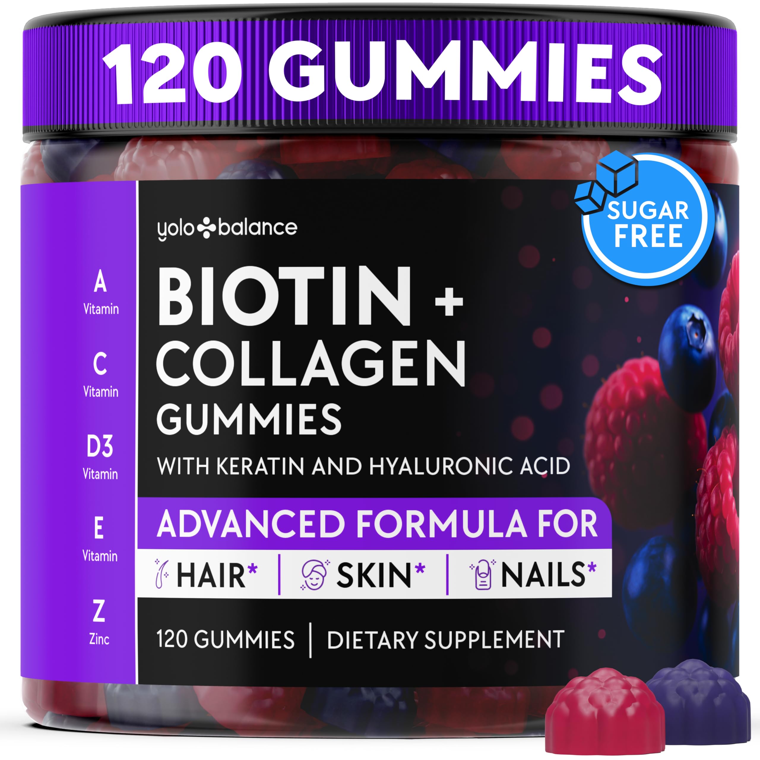 YOLOBALANCE Biotin Gummies 10000mcg for Hair Growth Support - Sugar Free Multi Collagen with Keratin, Silica & Hyaluronic Acid - Pectin Based,