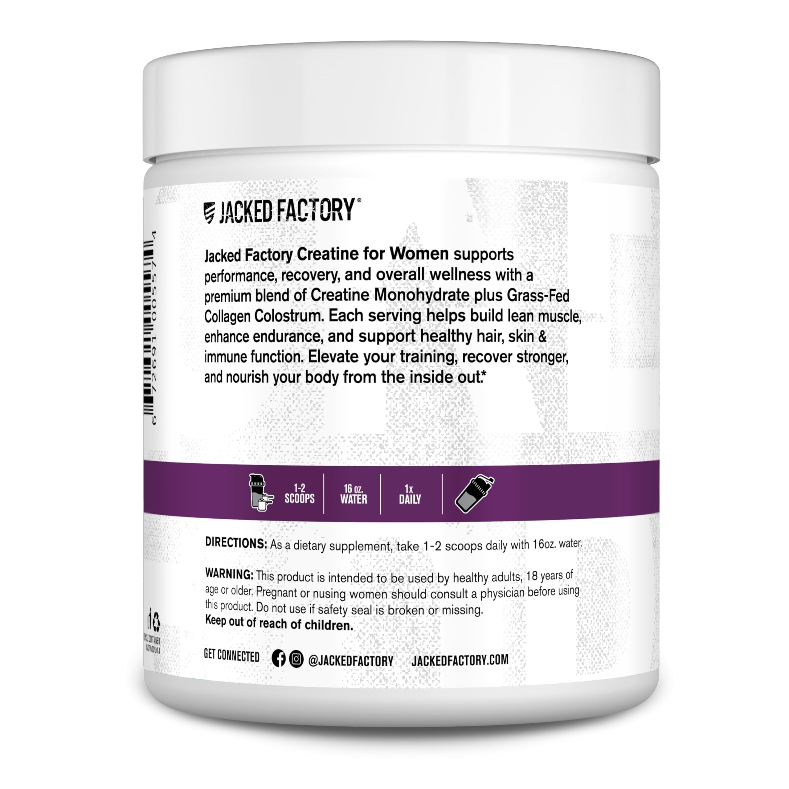 Jacked Factory Creatine for Women - Creatine Monohydrate with Collagen + Colostrum to Support Workout Performance, Lean Muscle Growth, Healthy Hair, Skin,