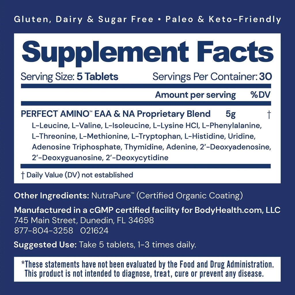 BodyHealth PerfectAmino (150 ct) Easy to Swallow Tablets, Essential Amino Acids Supplement with BCAAs, Vegan Protein for Pre/Post Workout & Muscle Recovery with Lysine BodyHealth Au supplements