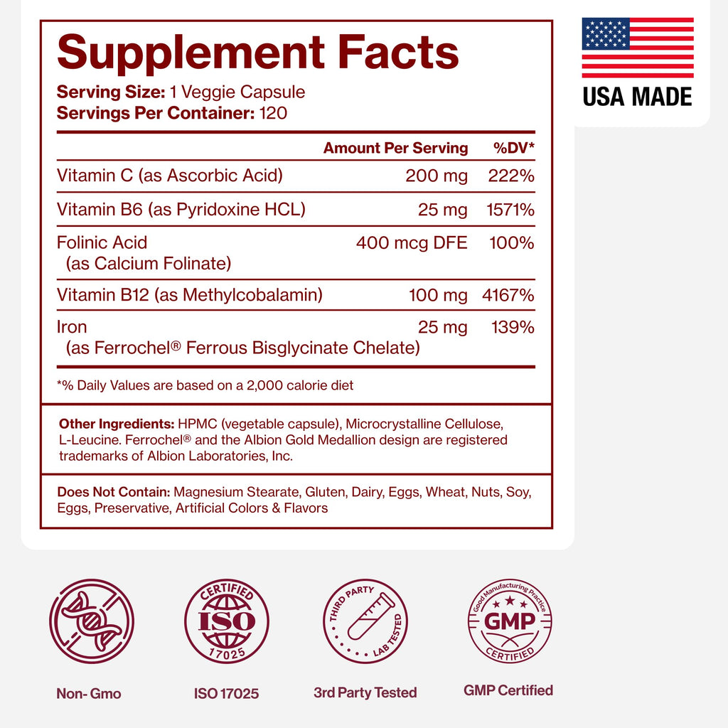 Iron Supplement for Women - Gentle Chelate Iron Bisglycinate 25mg with Vitamin C, B6, B12 Folic Acid – Supports Iron Deficiency
