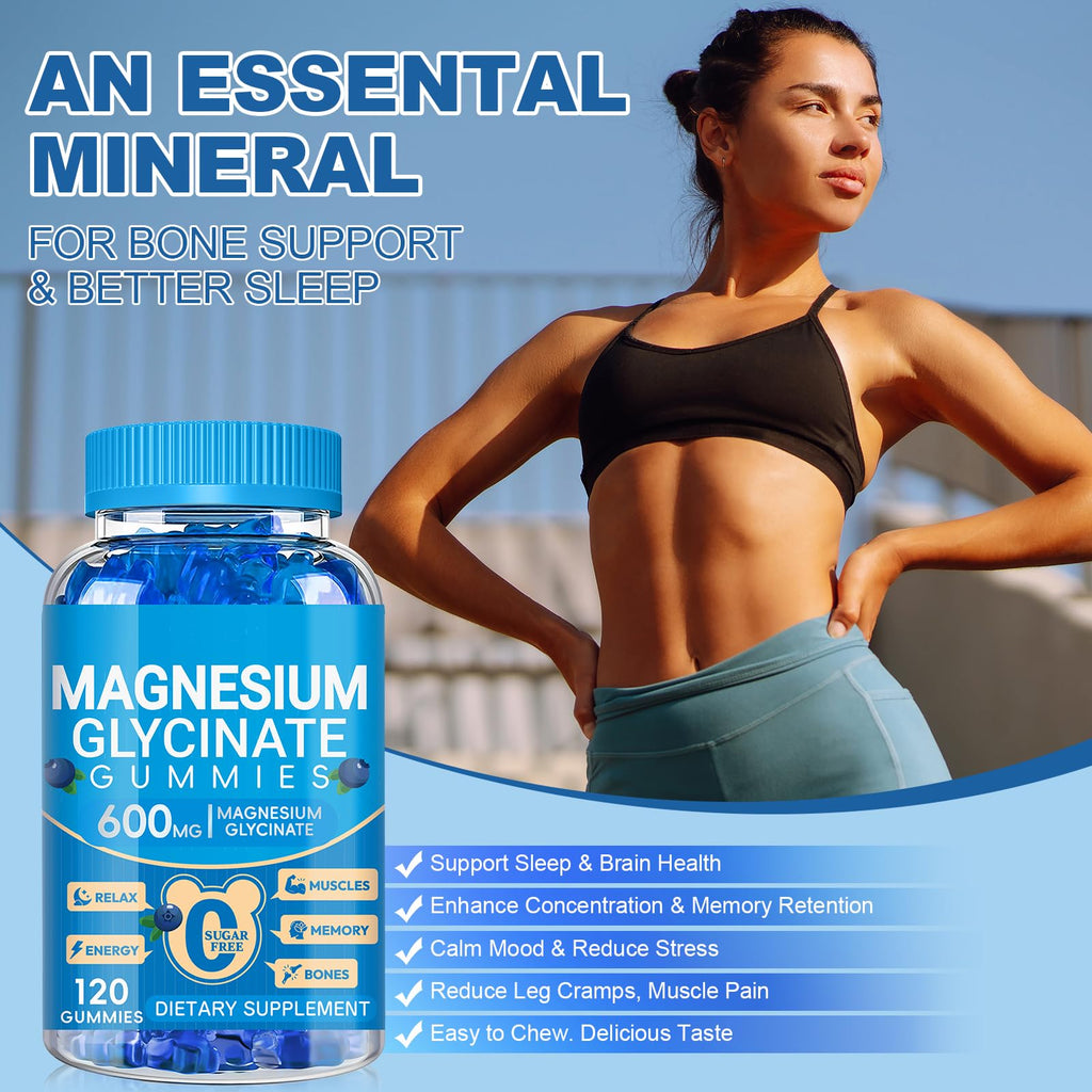 Magnesium Glycinate Gummies 600mg, Chewable Sugar Free Potassium Magnesium Gummies with Manganese Glycinate, Vitamin D, B6, and CoQ10 for Calm Suppor