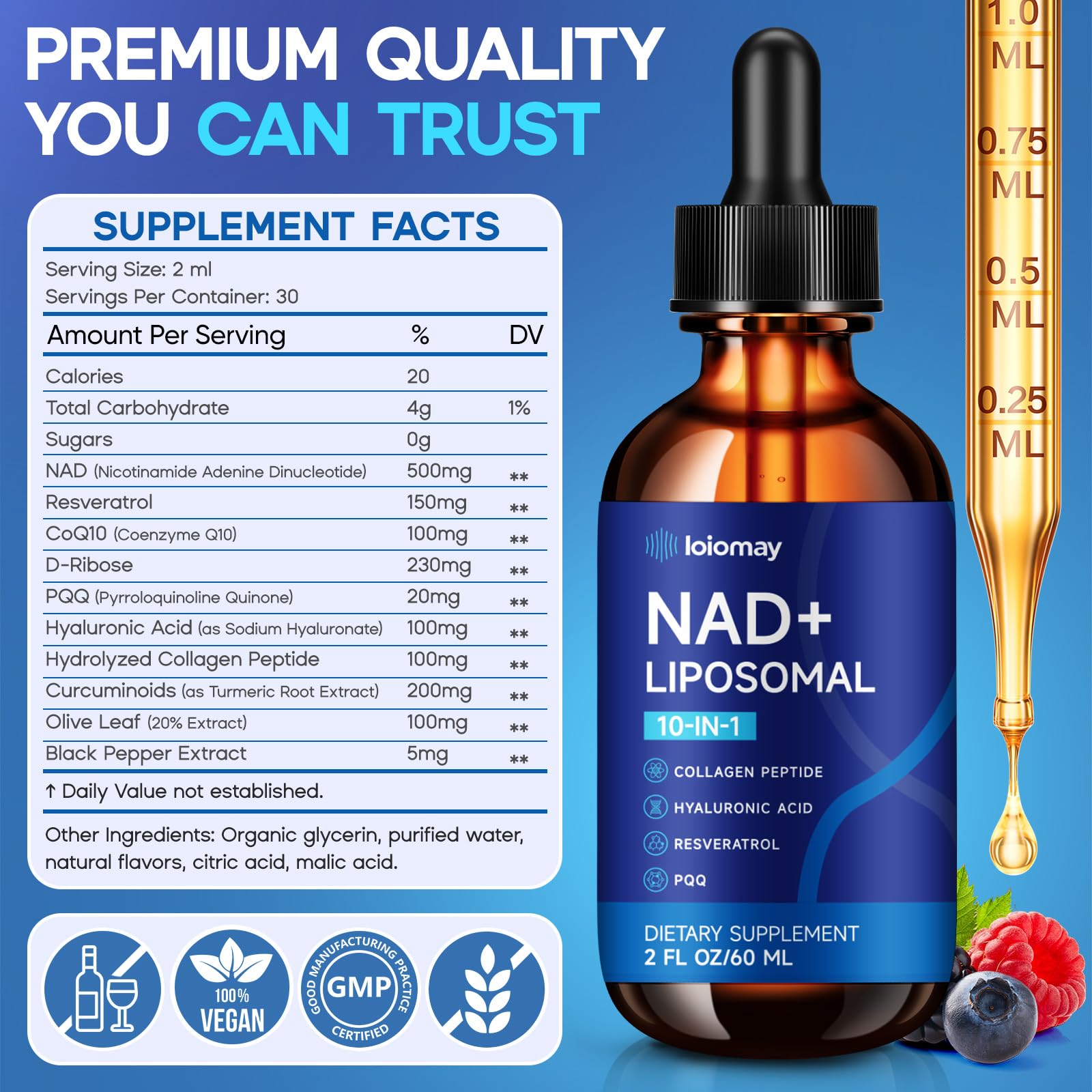 Liposomal NAD Liquid Supplement - 1500mg NAD+ Drops for Women & Men with Resveratrol & Nicotinamide Riboside, PQQ, Collagen & Turmeric for Anti-Aging & Longevity, Cellular Energy Health, 2 Fl Oz loiomay Au supplements