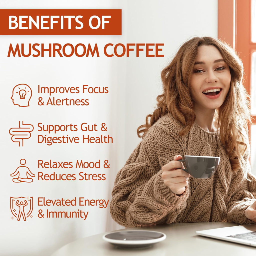 GRGTP Mushroom Coffee - Superfood Blend with 6 Adaptogens (Cordyceps, Lion's Mane, Reishi Other) | Jitter-Free Energy, Enhanced Focus, Digestion & Immunity Support |