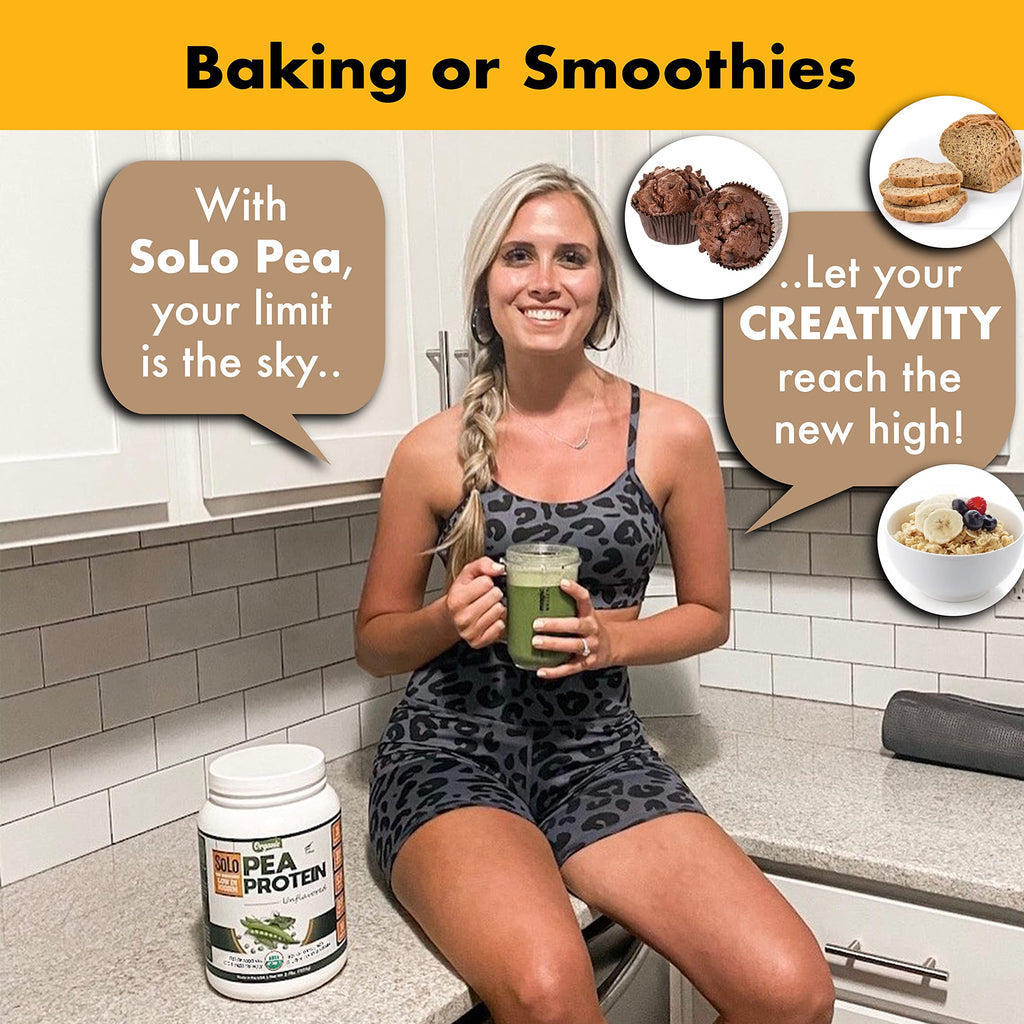 SOLO Organic Pea Protein Isolate, Low in Sodium, Canada Grown Peas, 100% Vegan, Non-GMO, Unflavored Plant Based Protein Powder with BCAA, Keto & Paleo Friendly,