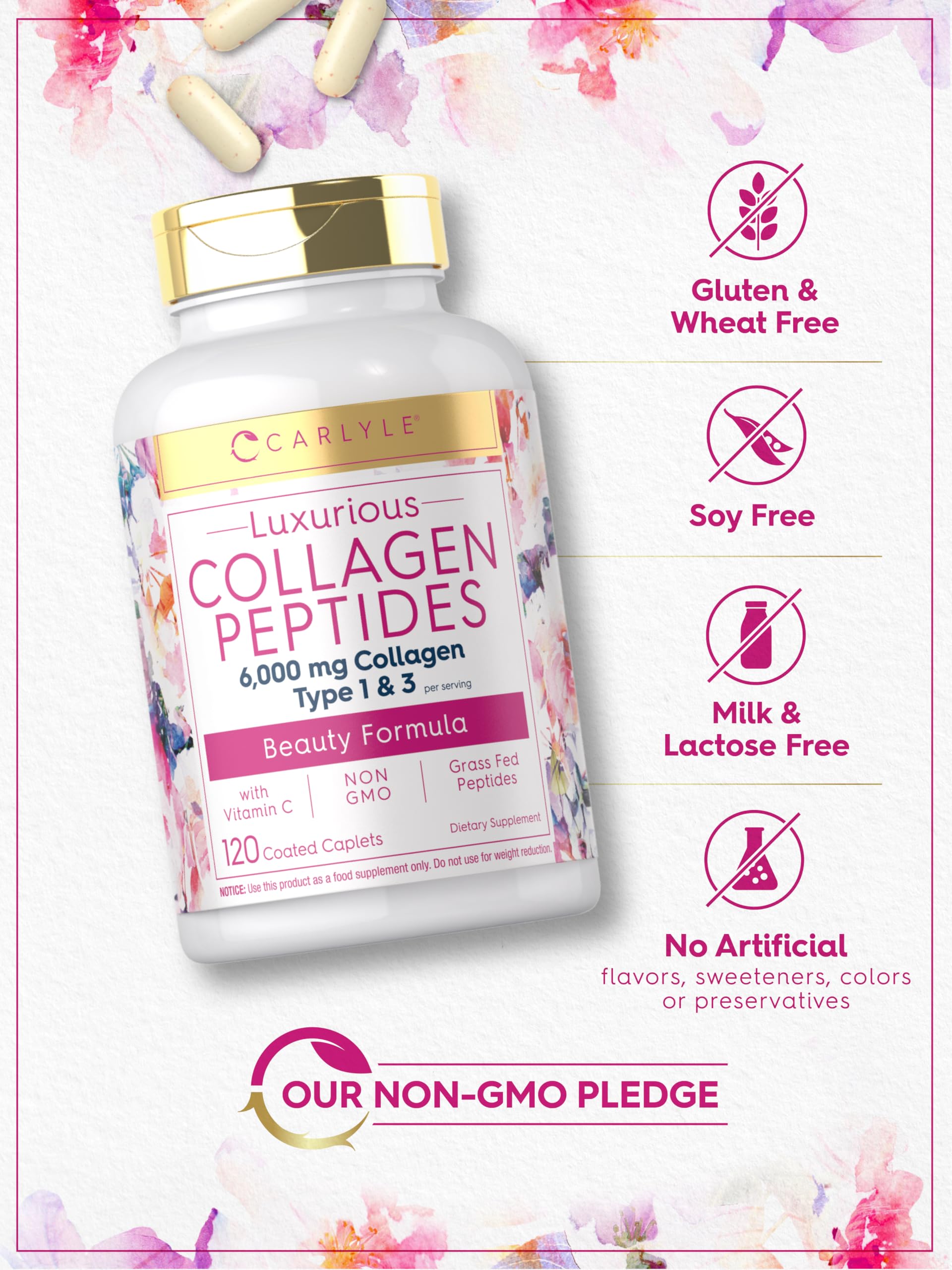 Carlyle Collagen Peptides with Vitamin C | 6000mg | 120 Caplets | Grass Fed Type II & III | Beauty Formula | Non-GMO, Gluten Free Supplement