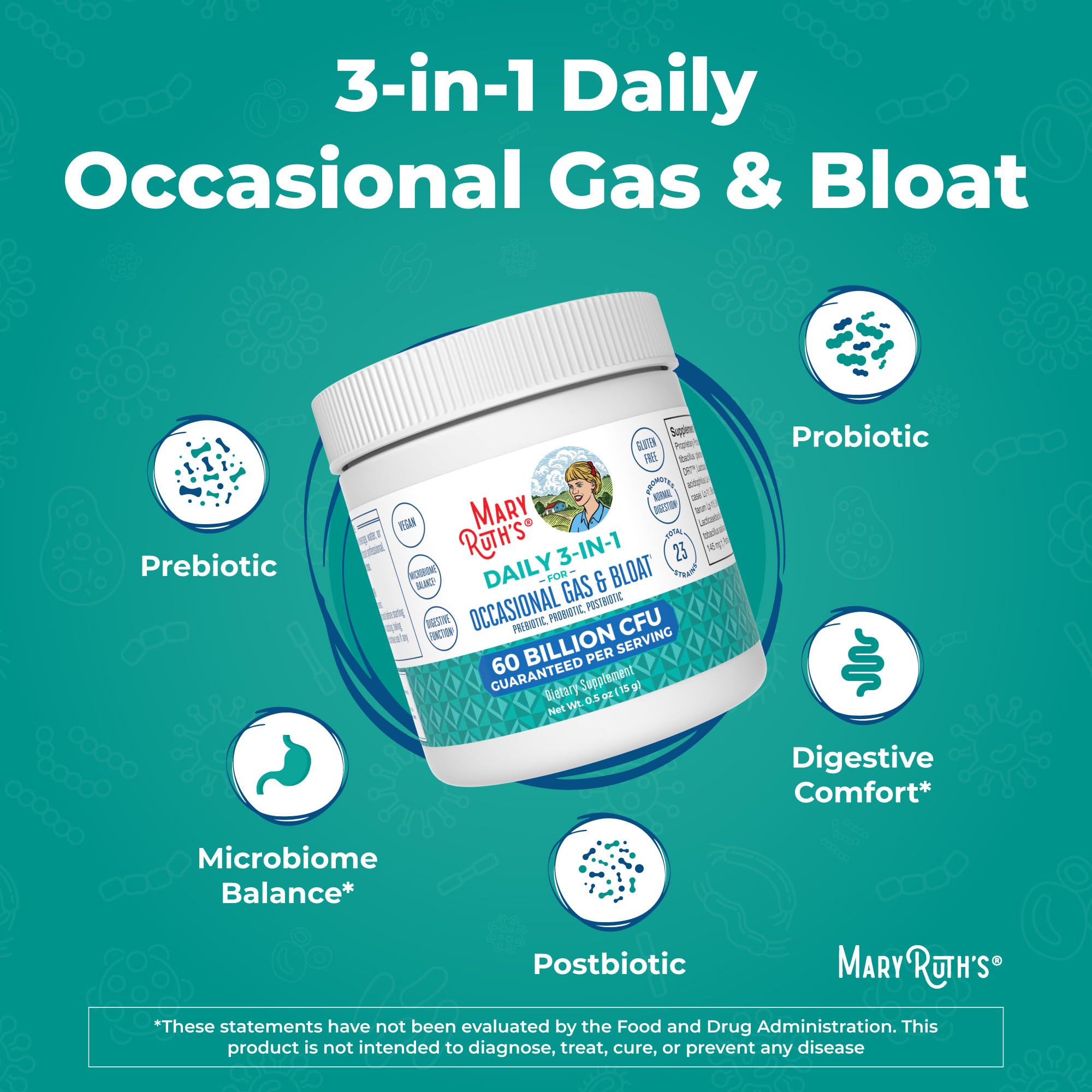 MARYRUTH'S 3-in-1 Gas & Bloat Probiotic Powder | Probiotics for Normal Digestive Function | Probiotics for Women & Men | Prebiotics & Postbiotics | 60 Billion CFU | 23 Unique Strains | 0.5 oz MARYRUTH'S Au supplements