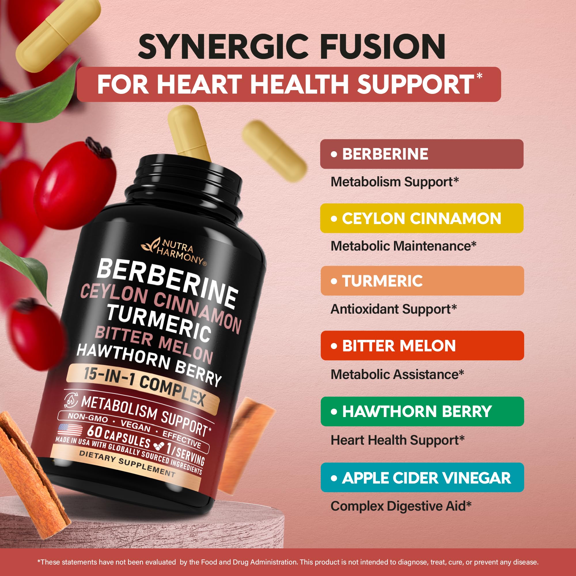 Berberine with Ceylon Cinnamon | Bitter Melon (Karela) | Apple Cider Vinegar | Hawthorn Berry | Citrus Bergamot | Turmeric - 15-in-1 Supplement for Heart Support