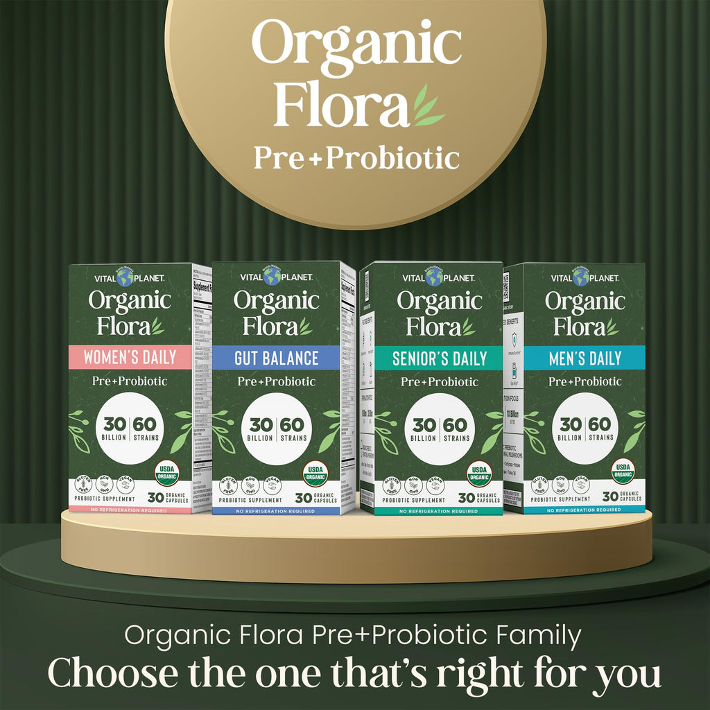 Vital Planet - Organic Flora Probiotics for Gut Health Balance, Shelf Stable Probiotic 30 Billion CFU, 60 Diverse Strains, Prebiotic Organic Mushroom Blend
