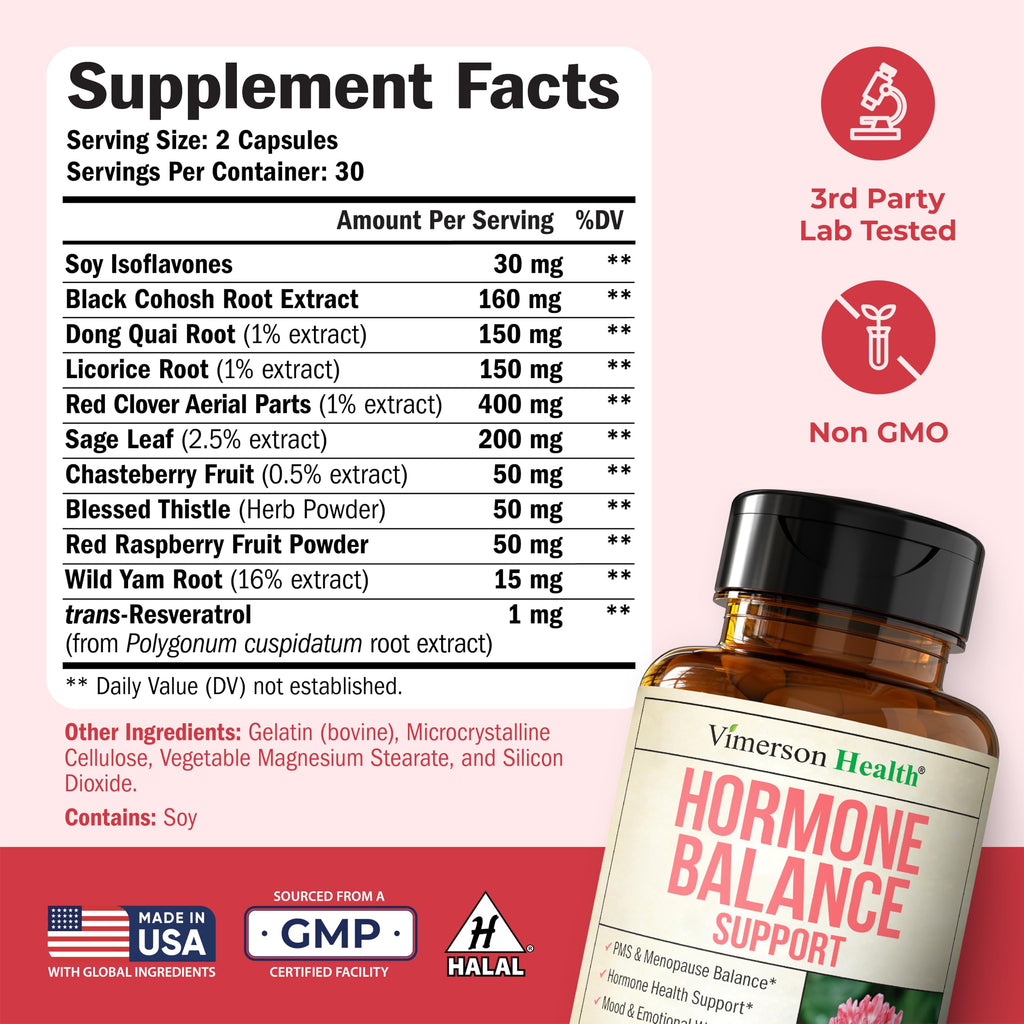 Hormone Harmony for Women with Black Cohosh, Dong Quai & Red Clover – Natural Hormone Balance for Women of All Ages – Supports PMS, Menopause & Mood – Women’s Hormone Balance Supplement – 60 Capsules Vimerson Health Au supplements