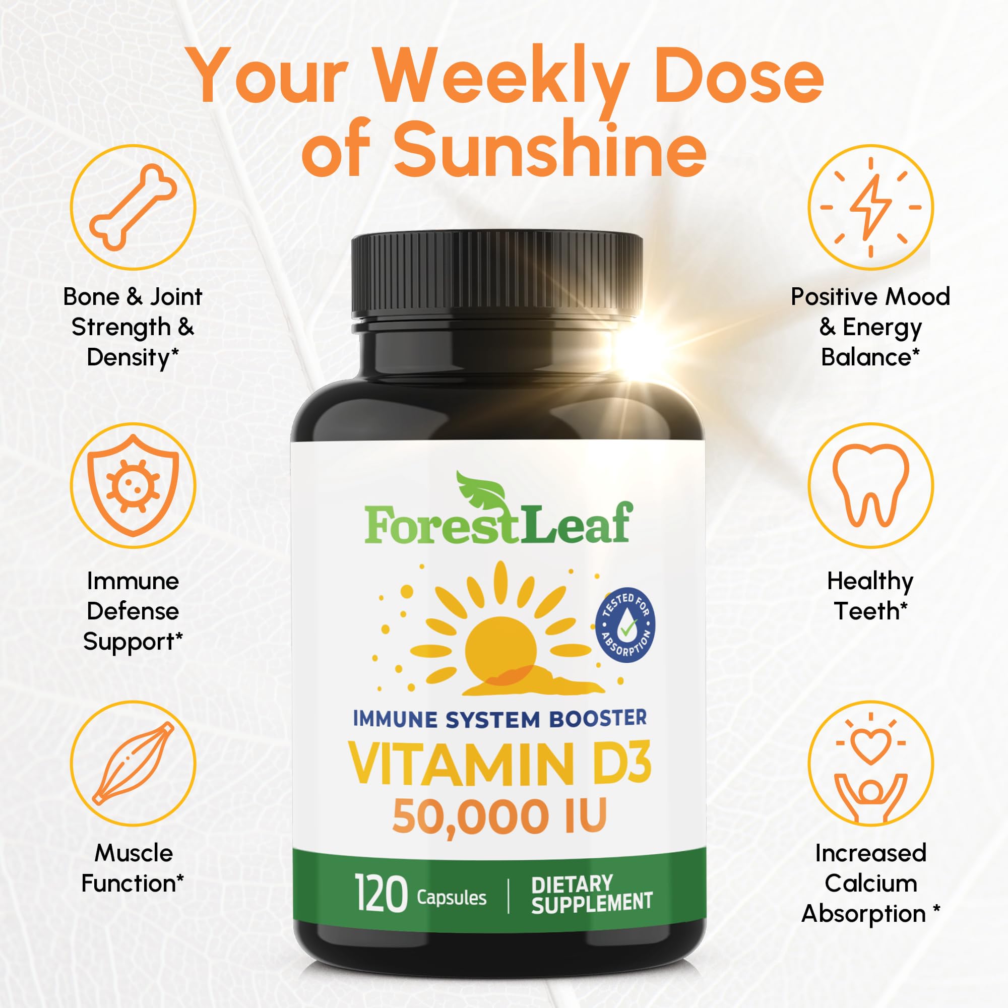 ForestLeaf Vitamin D3 50,000 IU | VIT D - Kosher VIT D3 Vitamin D Supplement for Women and Men | Bone Health, Teeth, Immune Support