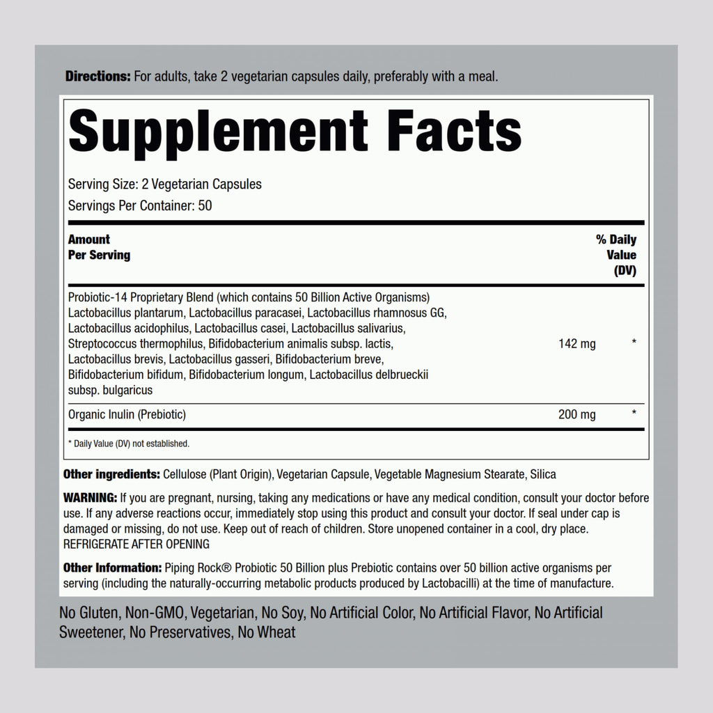Piping Rock Probiotic and Prebiotic for Women and Men | 50 Billion CFU | 100 Capsules | Ultimate 14 Strain Supplement | Vegetarian, Non-GMO, Gluten Free