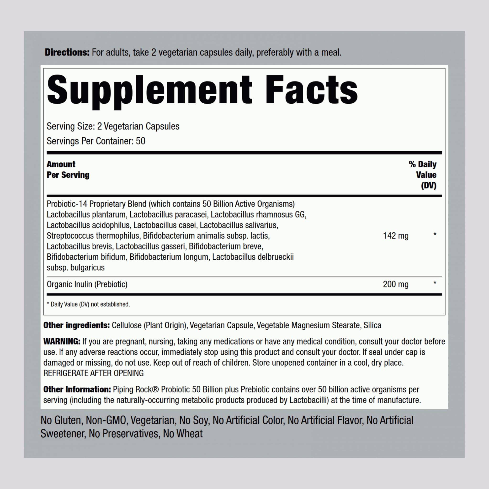 Piping Rock Probiotic and Prebiotic for Women and Men | 50 Billion CFU | 100 Capsules | Ultimate 14 Strain Supplement | Vegetarian, Non-GMO, Gluten Free