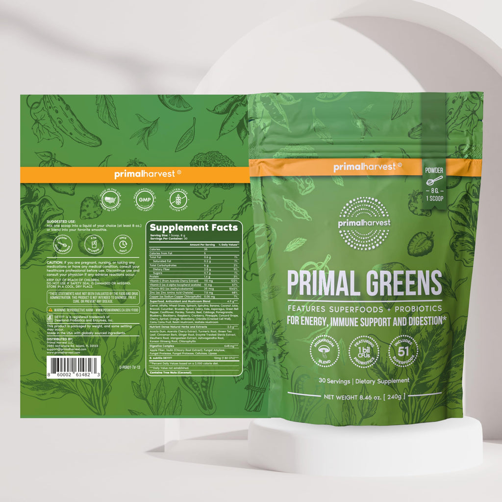 Primal Harvest Super Greens Powder, 30 Servings w/+50 Greens Superfood Chlorella, Probiotics, Green Tea, Wheatgrass,