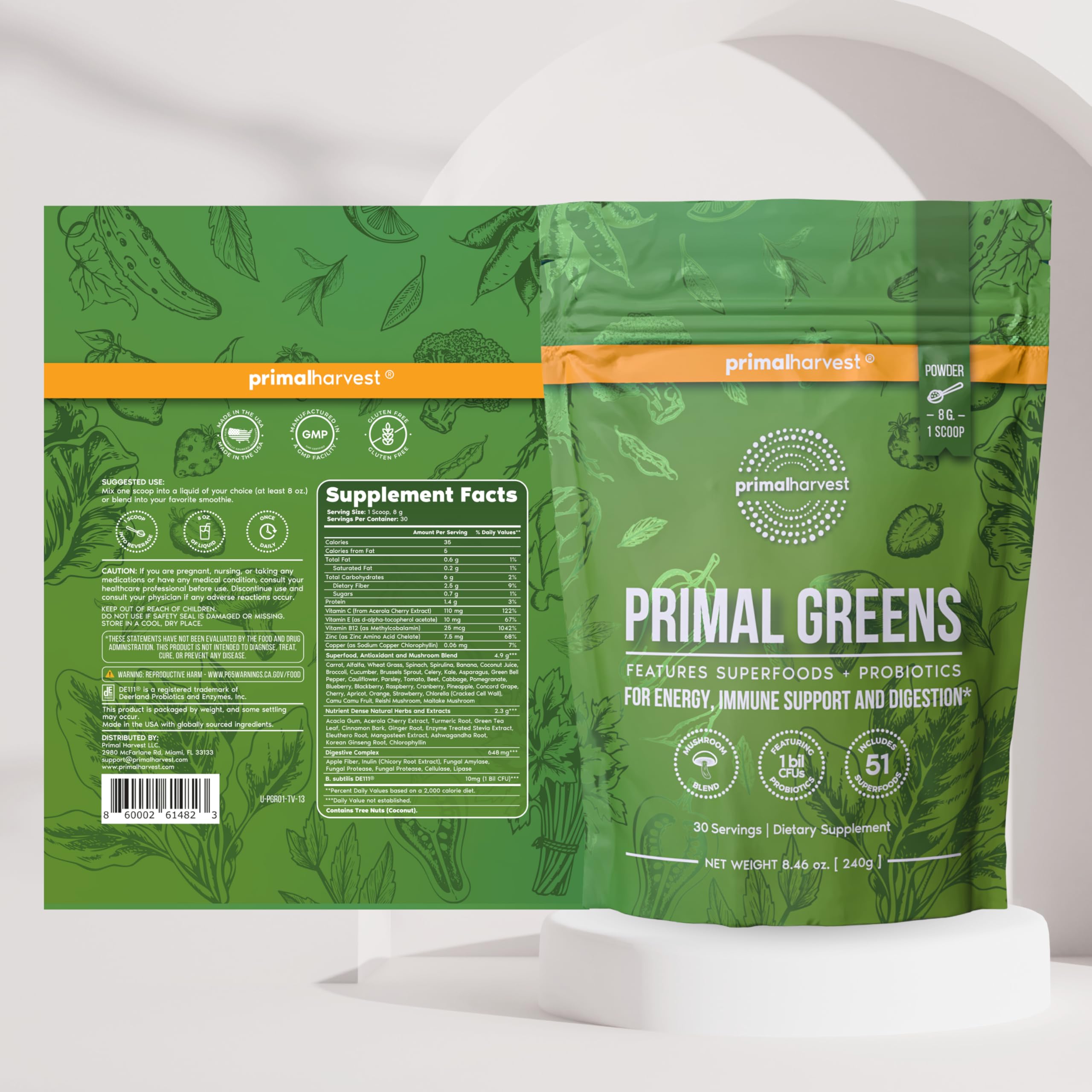 Primal Harvest Super Greens Powder, 30 Servings w/+50 Greens Superfood Chlorella, Probiotics, Green Tea, Wheatgrass,