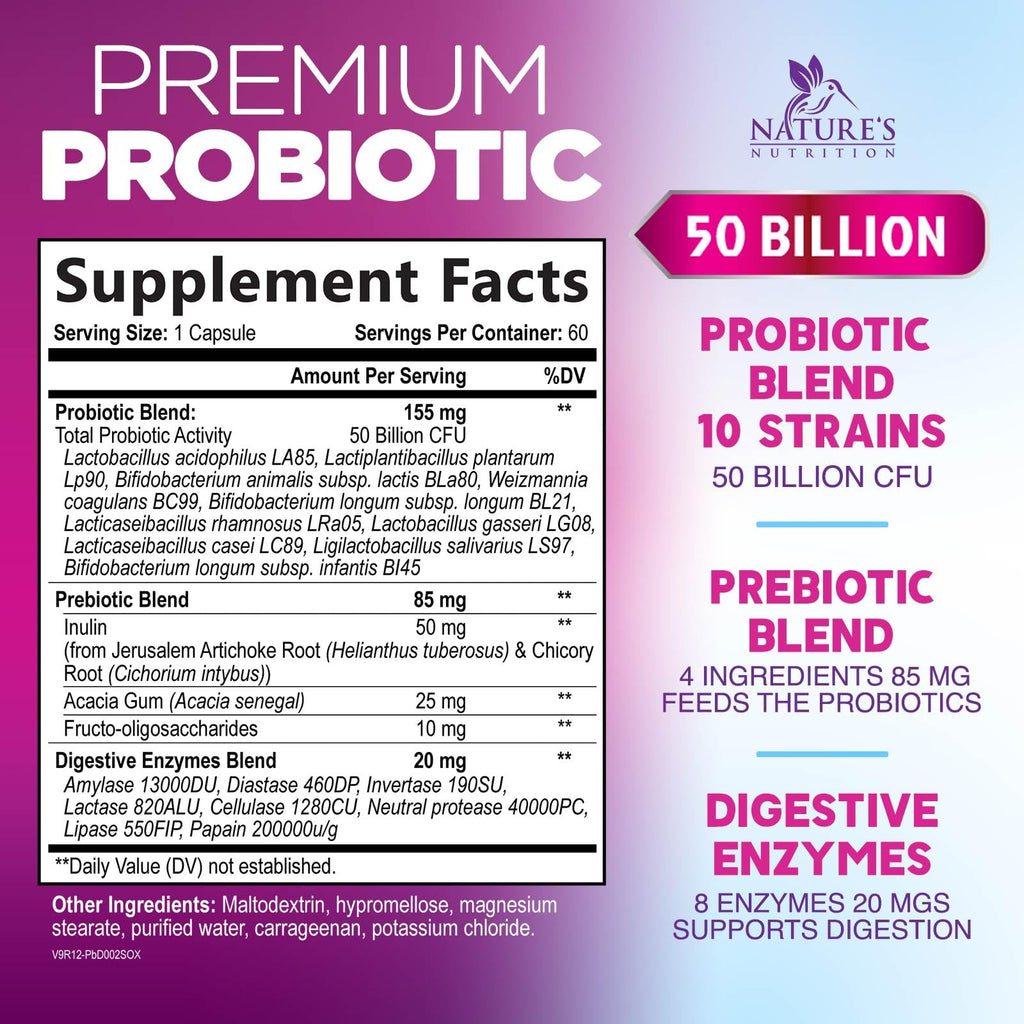 Probiotics 50 Billion CFU per Serving - 10 Strains + Prebiotics - Digestive Health, Gut & Immune Support - Supports Occasional Constipation, Gas & Bloating for Women & Men Shelf Stable - 60 Capsules Nature's Nutrition Au supplements