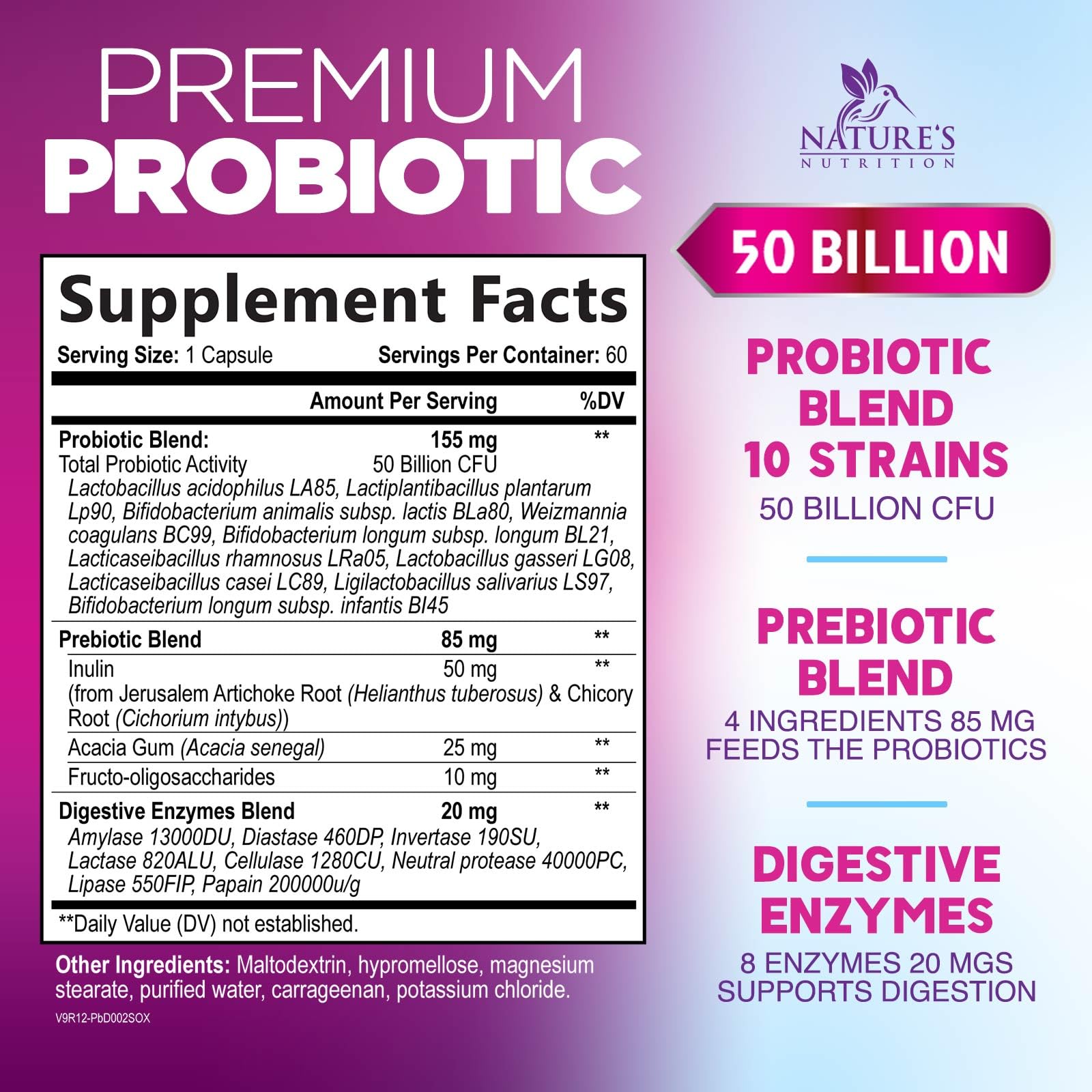 Probiotics 50 Billion CFU per Serving - 10 Strains + Prebiotics - Digestive Health, Gut & Immune Support - Supports Occasional Constipation, Gas & Bloating for Women & Men Shelf Stable - 60 Capsules Nature's Nutrition Au supplements