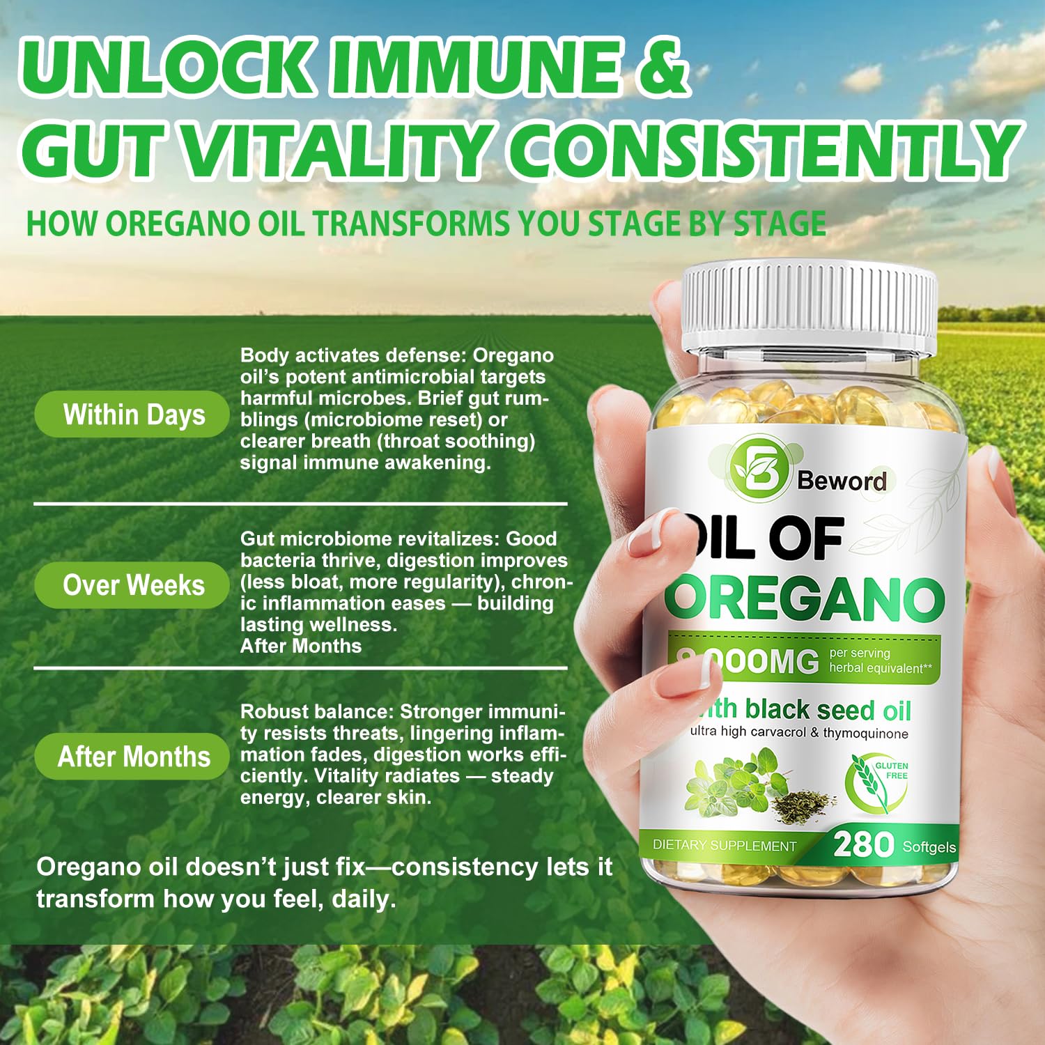 BEWORD Oil of Oregano with Black Seed Oil, 280 Softgels, 9000mg Per Serving – 2-in-1 Oregano Supplement for Immune Health with High Carvacrol & Thymoquinone | Plant-Based, Non-GMO