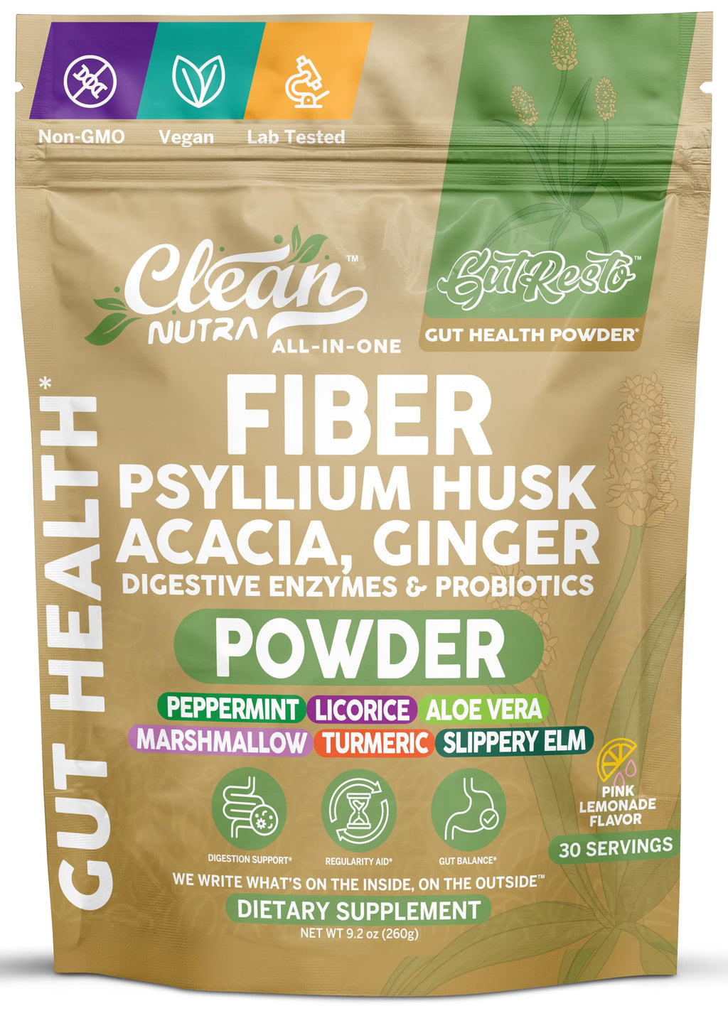 GutResto Fiber Supplement Psyllium Husk Powder Probiotic Gut Health Digestive Enzymes Prebiotic L-Glutamine Slippery Elm Aloe Vera Marshmallow Root Turmeric Ginger