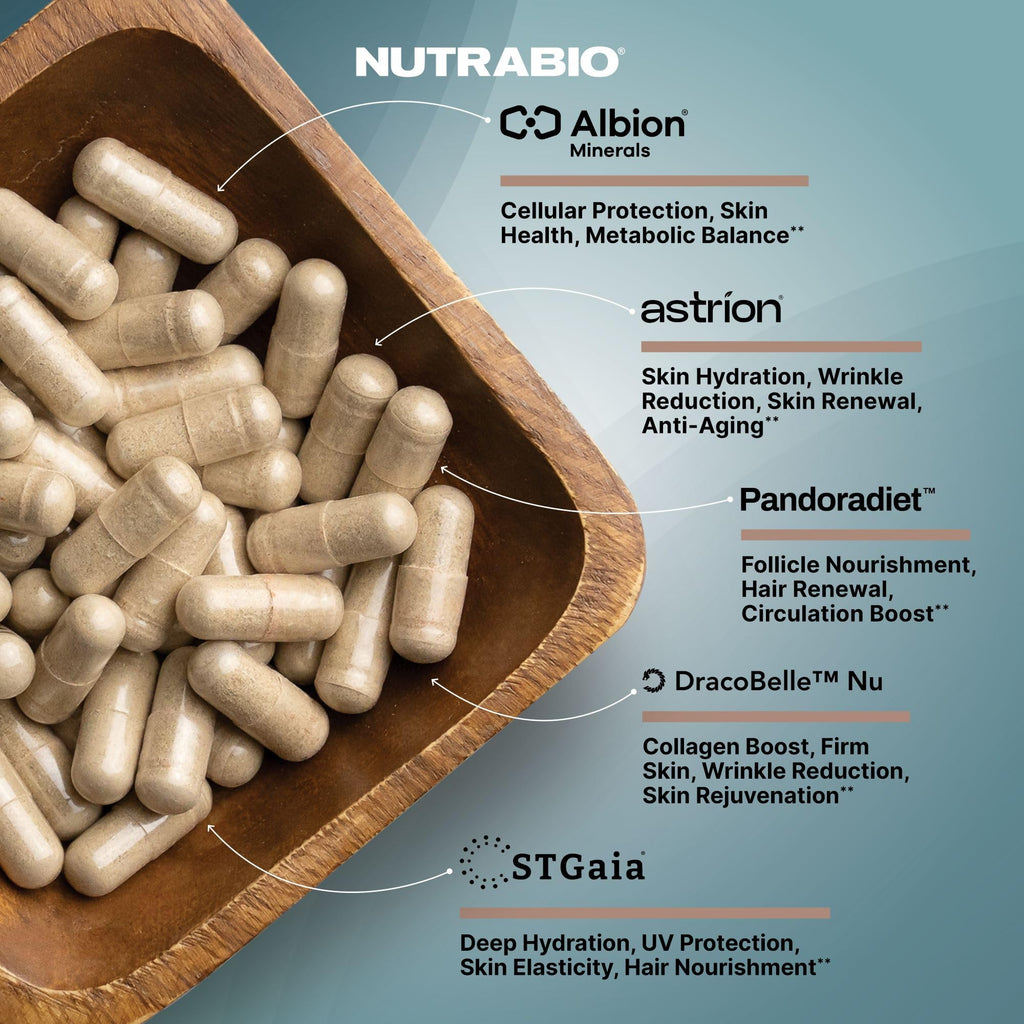 NutraBio Hair Skin Nails Vitamins | Enhanced Collagen Support | Skin Hydration | Hair Growth Vitamins for Women with Biotin, Keratin, Hyaluronic Acid & More - 90 Capsules NutraBio Au supplements
