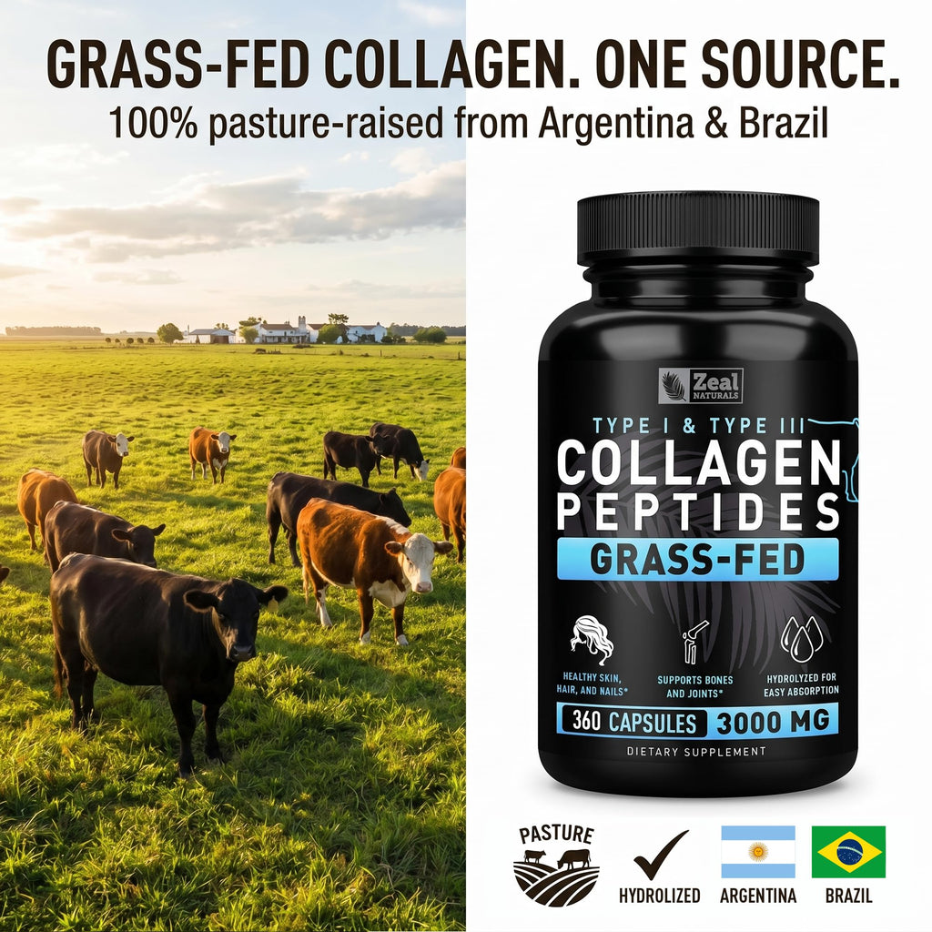Collagen Peptides Capsules 360 Count - Grass Fed Bovine Hydrolyzed Collagen Pills - Hair, Skin & Nails, Joint Support - Collagen Supplements for Women & Men