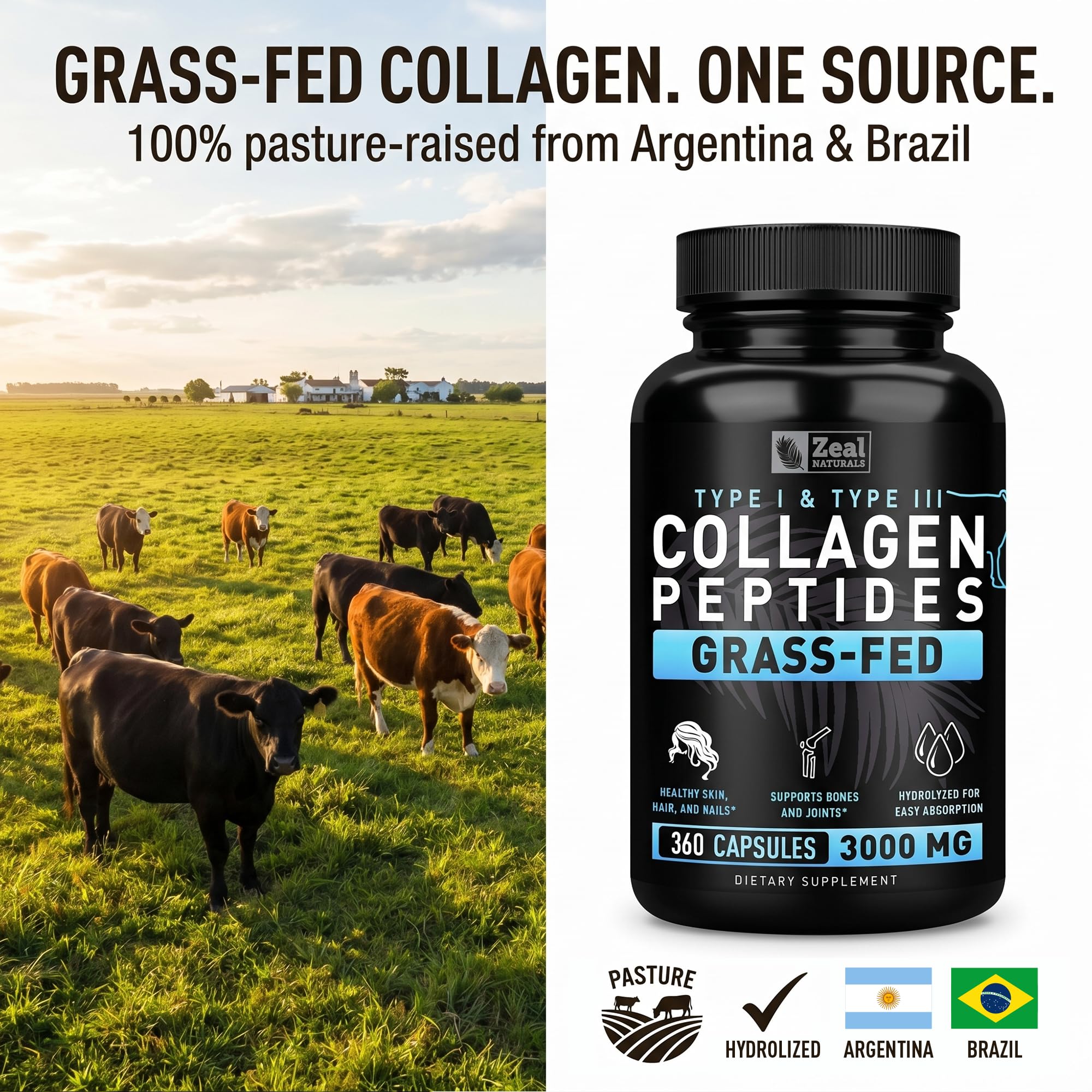 Collagen Peptides Capsules 360 Count - Grass Fed Bovine Hydrolyzed Collagen Pills - Hair, Skin & Nails, Joint Support - Collagen Supplements for Women & Men