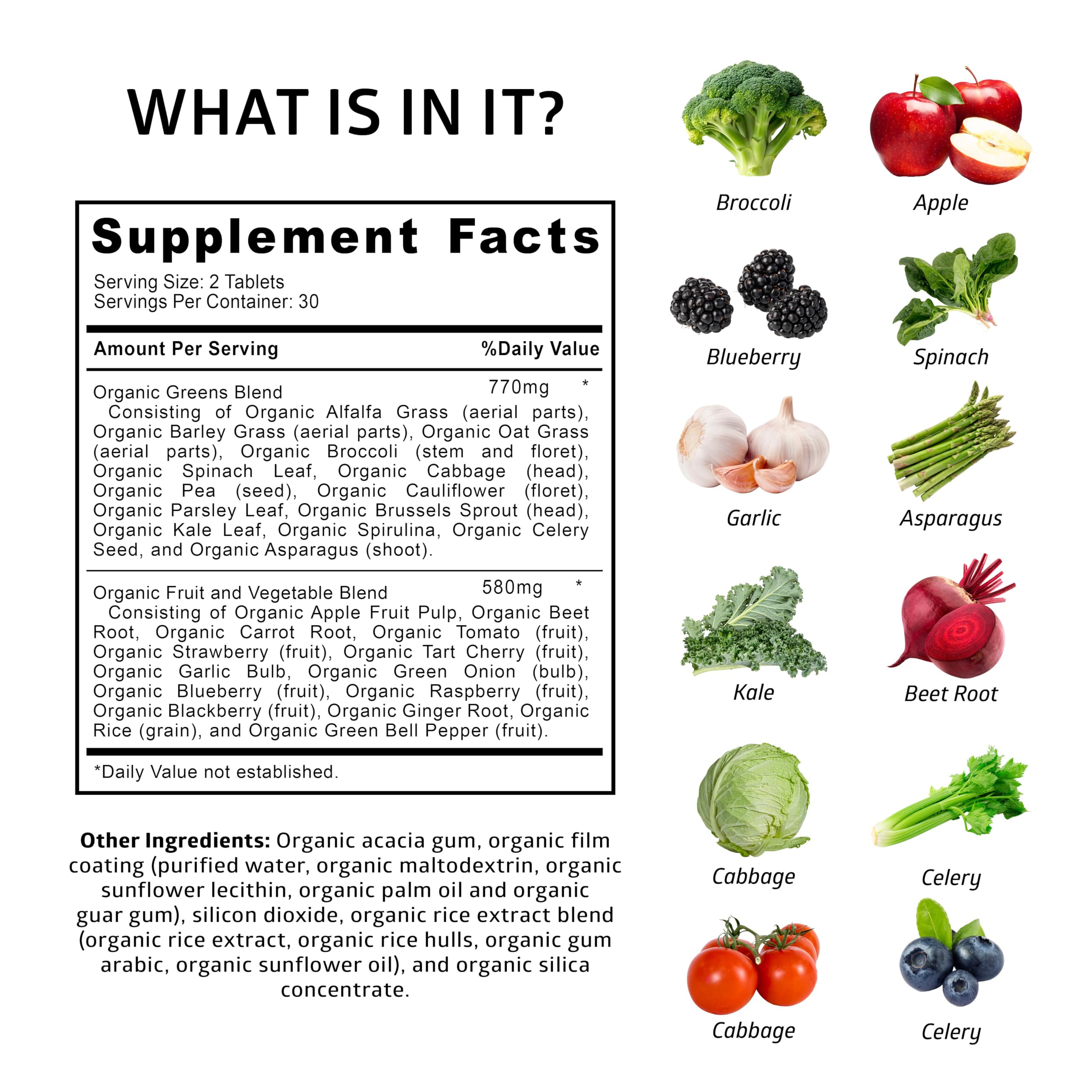 Number One Nutrition USDA Organic and Easy-to-Take Super Greens, Better Than Powder Fruits & Veggies Supplement with 28 Superfood