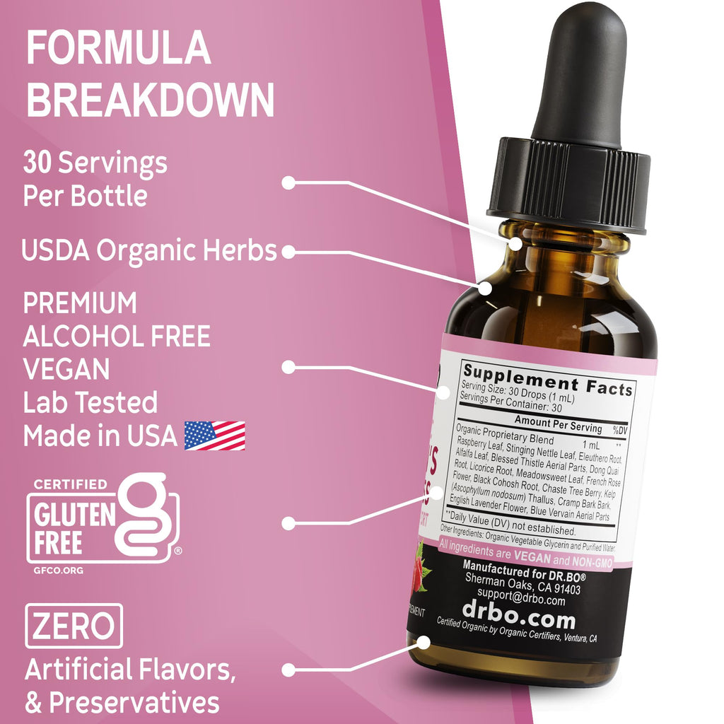 Hormone Balance for Women & PMS Relief - Women's Wellness Organic Hormonal Balance Supplements Liquid Drops & Menstrual Cramp Period Support - Raspberry Leaf, Chasteberry, Black Cohosh Supplement 1 Oz DR. BO Au supplements