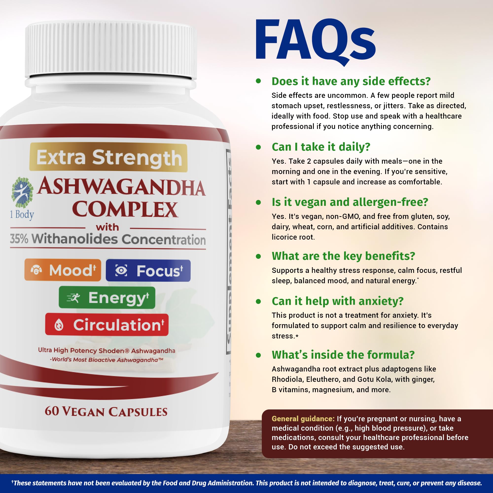 Ashwagandha Complex Adrenal Support Supplement for Stress Relief, Cortisol Balance, Energy & Focus, Mood Support, 35% Withanolides, 60 Vegan Capsules 1 Body Au supplements