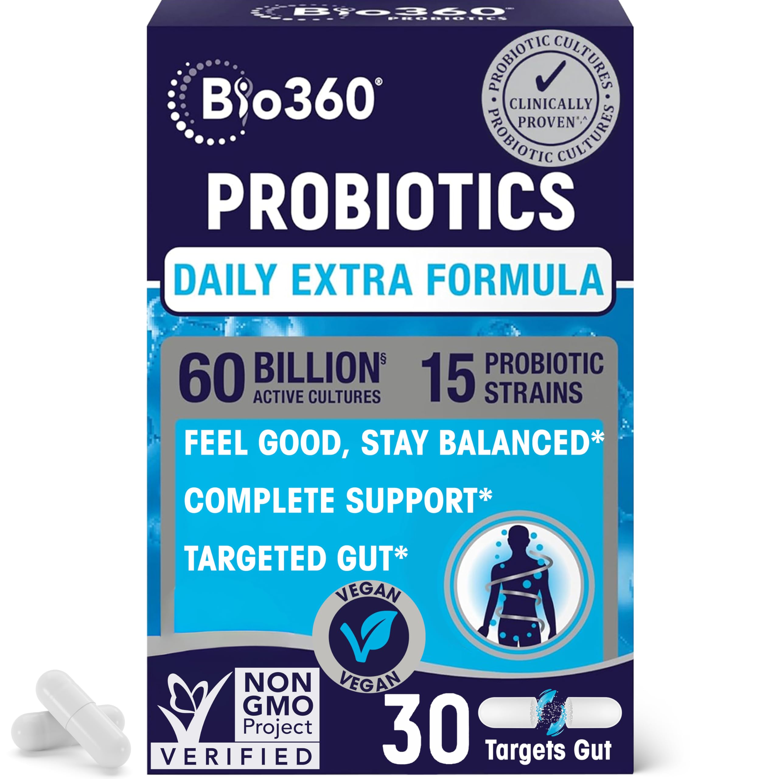 Extra Strength Probiotic for Digestive Health and Immune Support, 60 Billion CFU & 15 Strains, Gut Health Probiotics for Men and Women Supports Occasional Constipation, Diarrhea, Gas & Bloating, 30CT Bio360 Au supplements