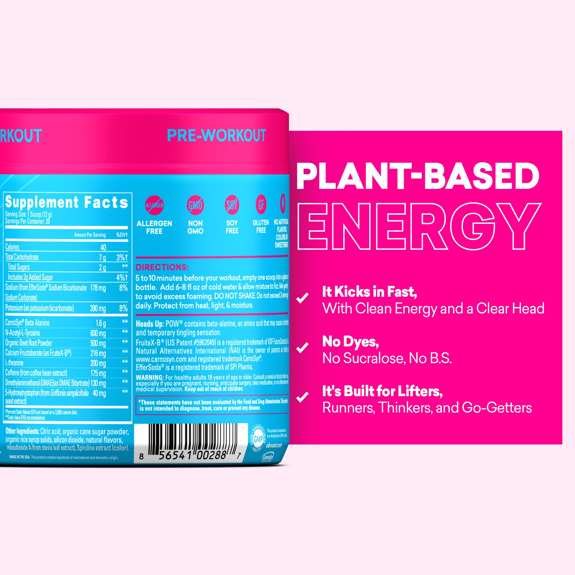 EBOOST POW Natural Pre Workout Powder – 20 Servings - Blue Raspberry - A PreWorkout Supplement for Performance, Joint Mobility Support, Energy - Men and Women