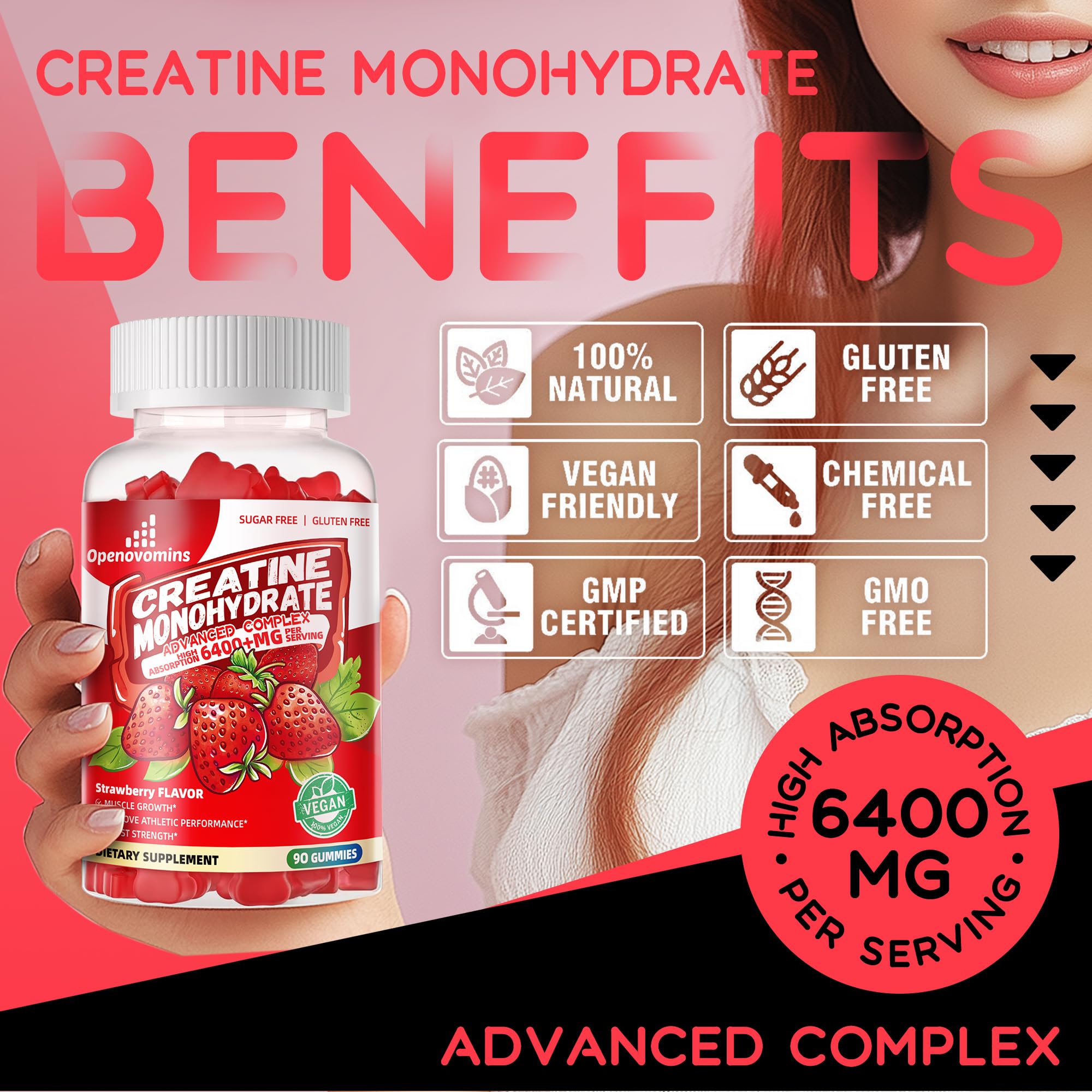 Creatine Monohydrate Gummies Complex for Men & Women -Advanced Formula W/L-Taurine + Vitamin B12, Sugar Free Chewable Supplement,90 Strawberry Gummies Openovomins Au supplements