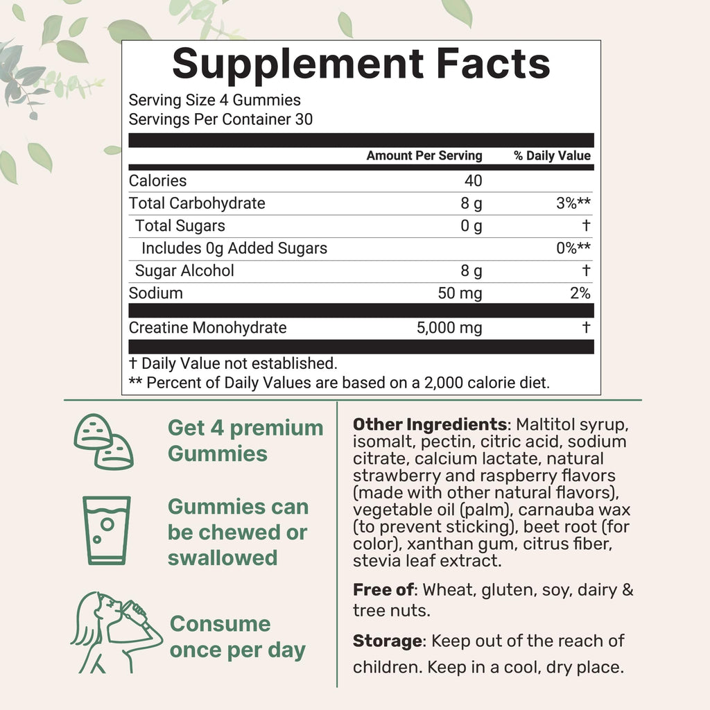 Creatine Monohydrate Gummies 5,000mg Per Serving, 120 Count | Sugar Free Strawberry Raspberry Flavored | Creatine for Women & Men | Pre Workout + Muscle Strength & Recovery Support | Non-GMO Micro Ingredients Au supplements