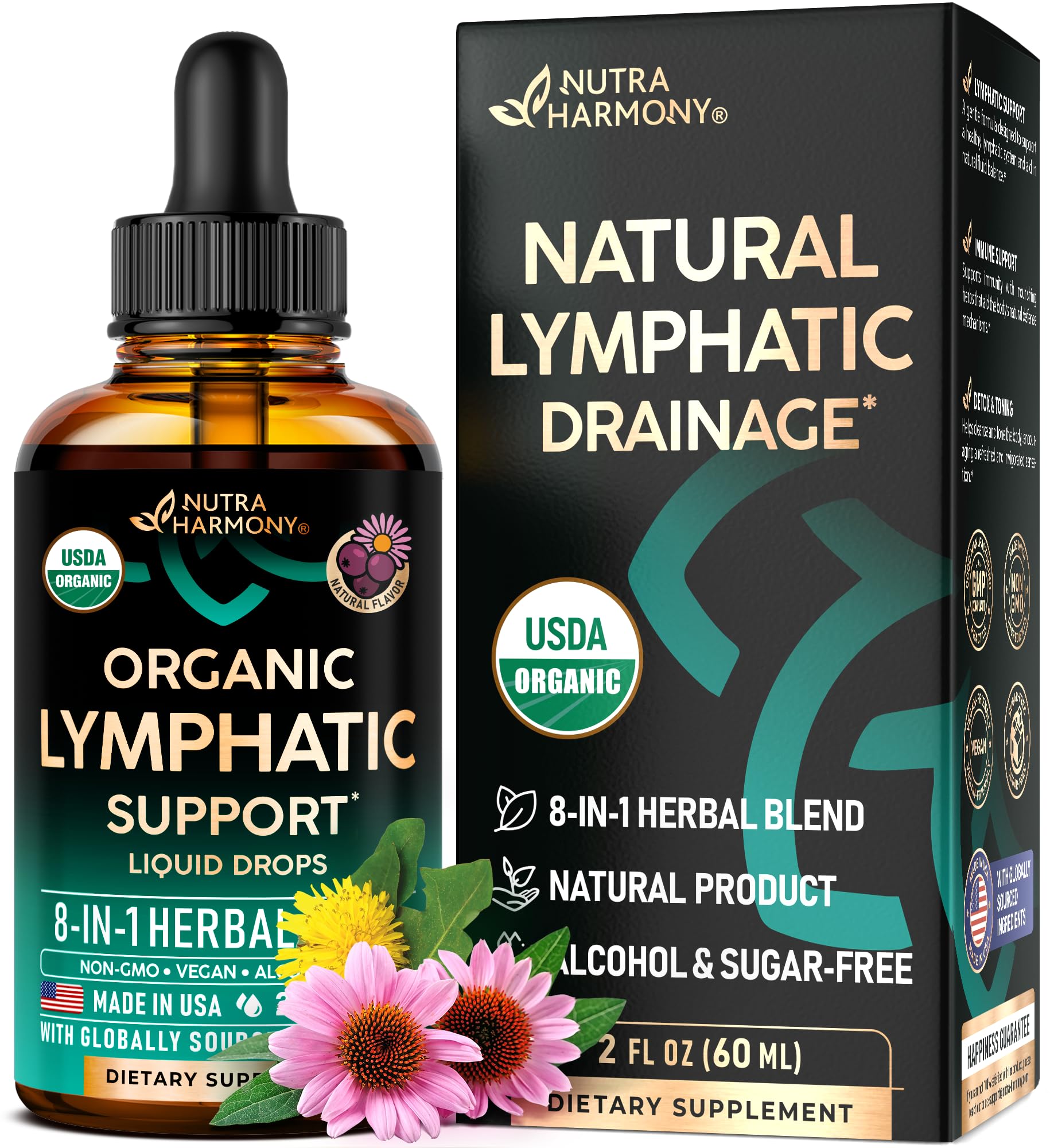 USDA Organic Lymphatic Drainage Supplement - Echinacea | Elderberry | Dandelion | Rosehip | Cleavers | Calendula | Burdock - Made in USA - Lymph System Drops